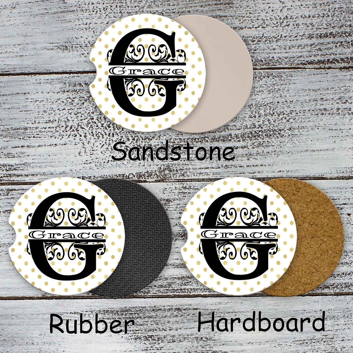 Personalized Car Coasters | Custom Car Accessories | Gold Polka Dot | Set of 2