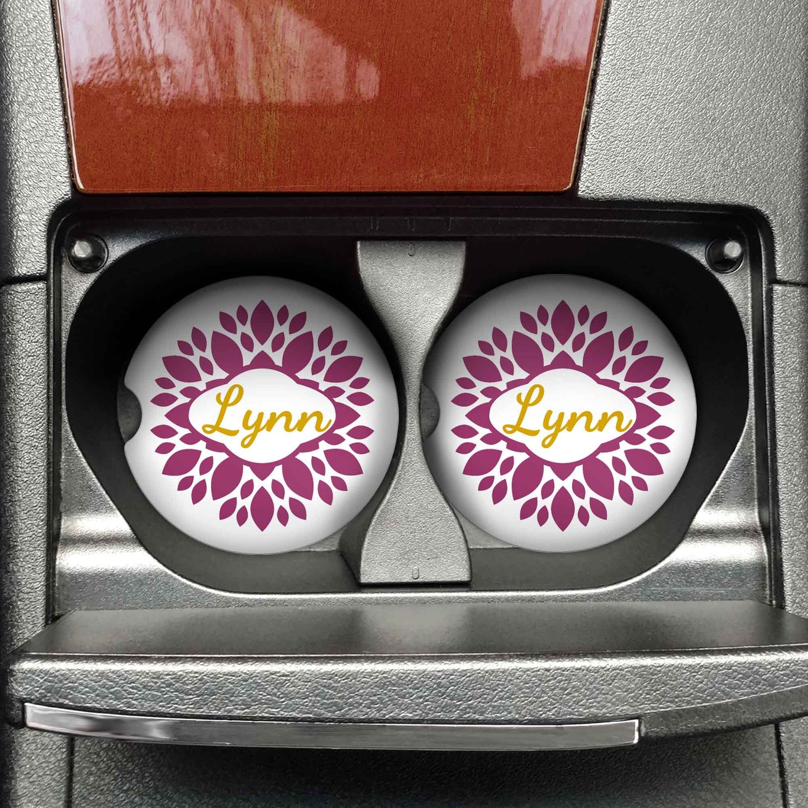 Personalized Car Coasters | Custom Car Accessories | Dahlia | Set of 2