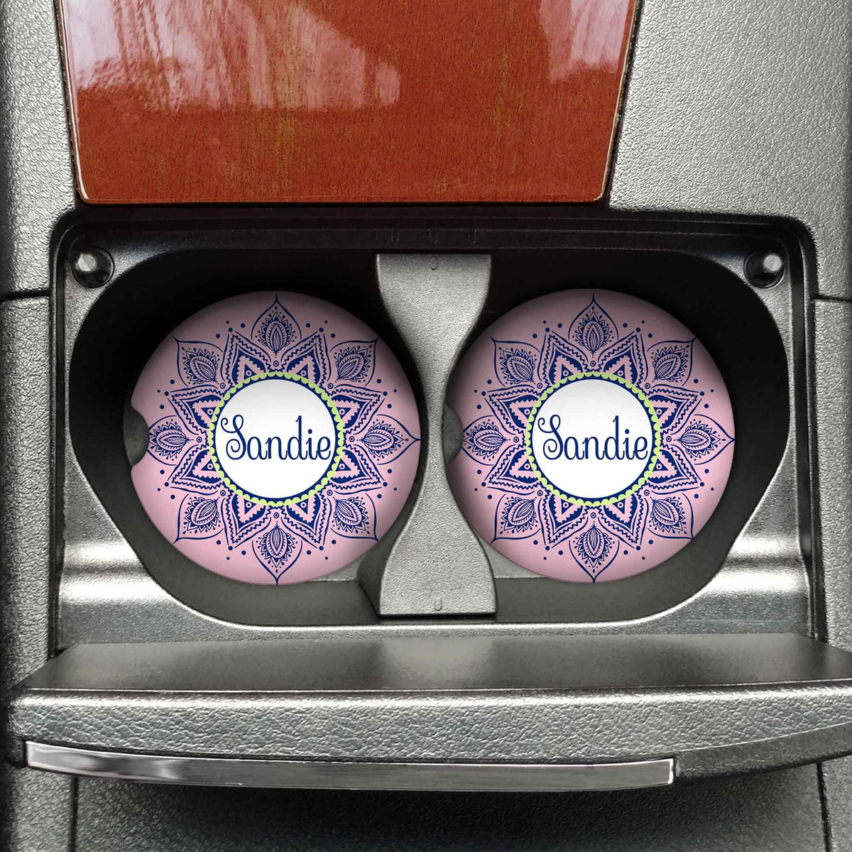 Personalized Car Coasters | Custom Car Accessories | Pink and Blue Mandala | Set of 2