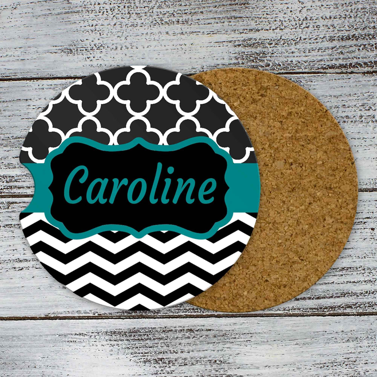 Personalized Car Coasters | Custom Car Accessories | Teal Chevron | Set of 2