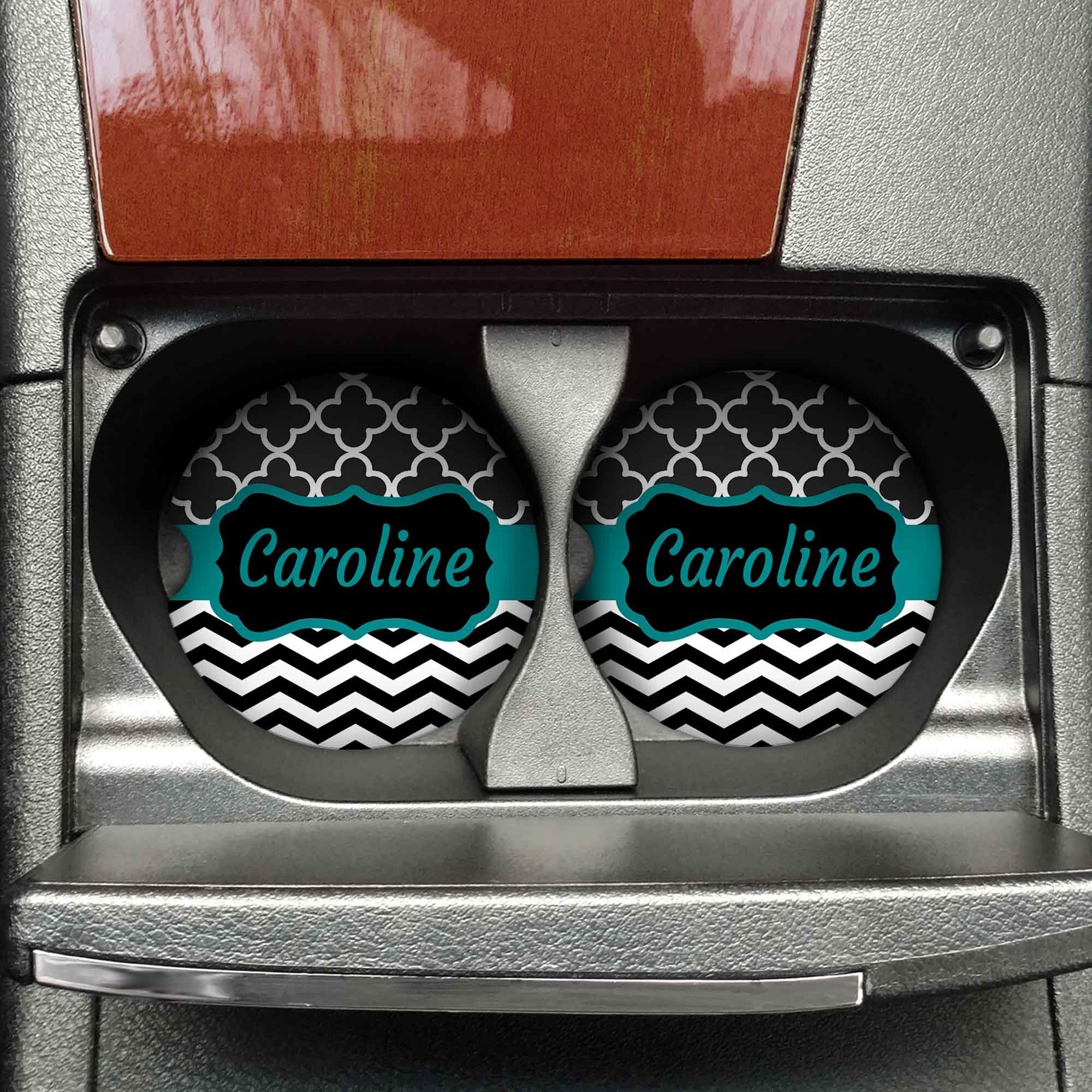 Personalized Car Coasters | Custom Car Accessories | Teal Chevron | Set of 2