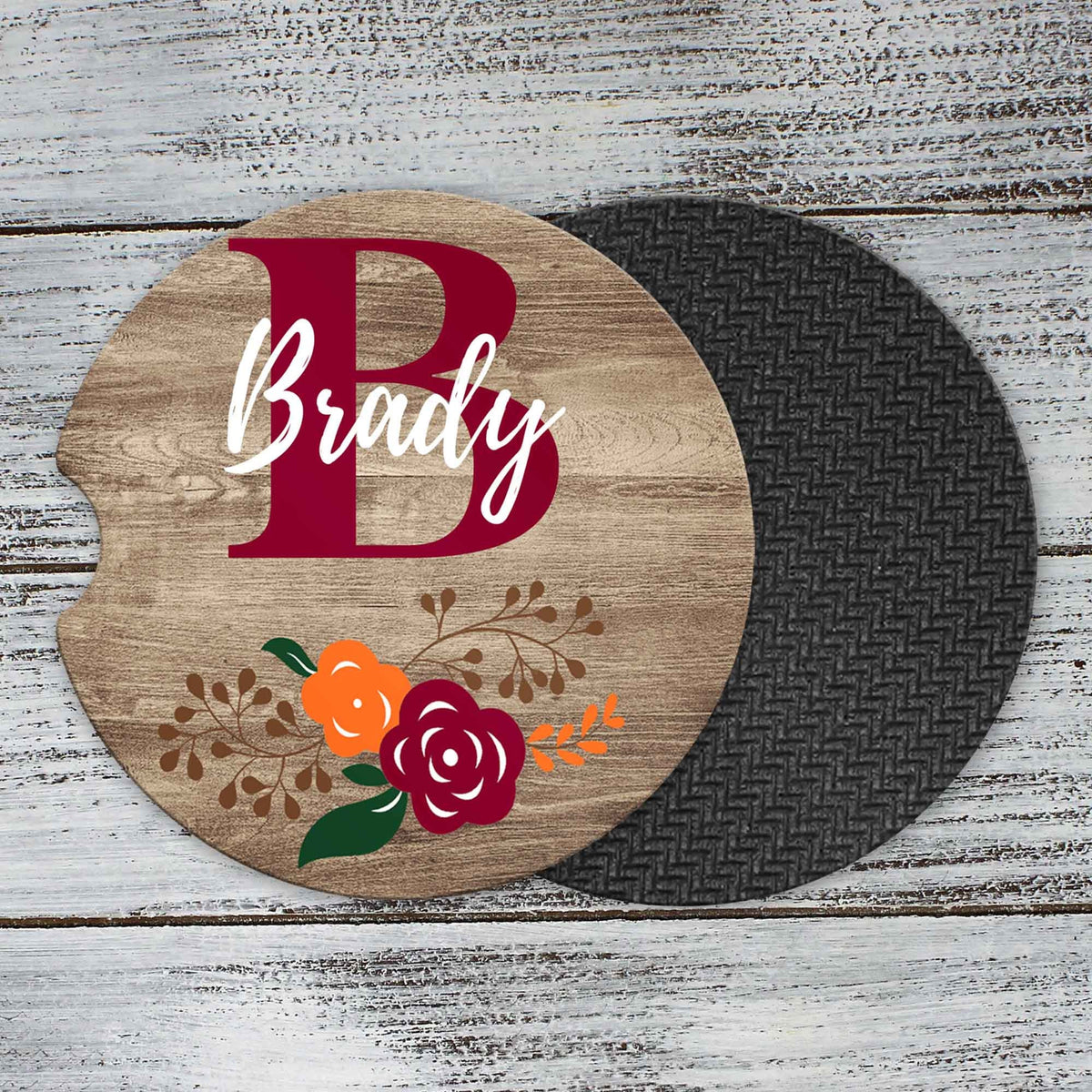 Personalized Car Coasters | Custom Car Accessories | Faux Wood Burgundy | Set of 2