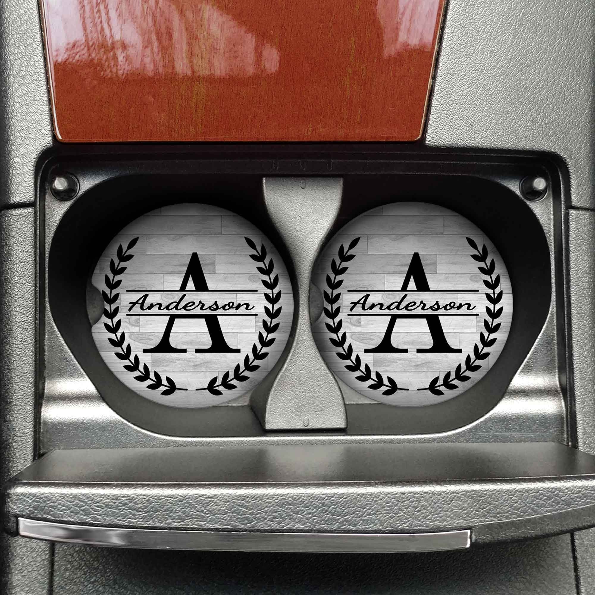 Personalized Car Coasters | Custom Car Accessories | Laurel Wreath Split Monogram | Set of 2