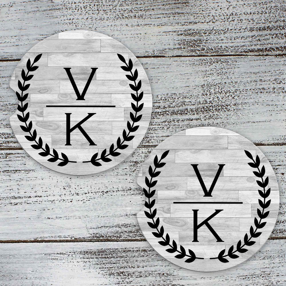 Personalized Car Coasters | Custom Car Accessories | Laurel Wreath Stacked | Set of 2