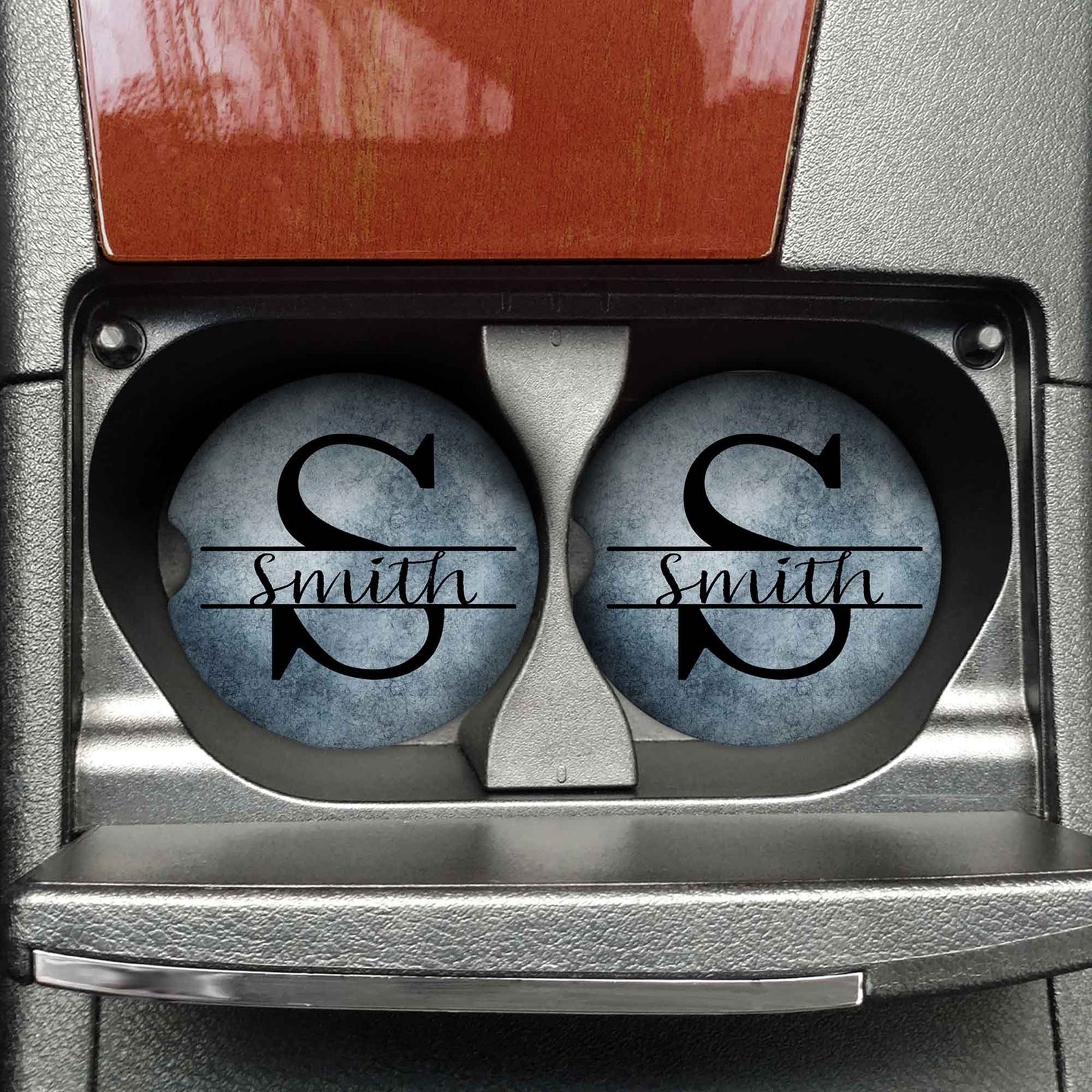 Personalized Car Coasters | Custom Car Accessories | Blue Monogram | Set of 2