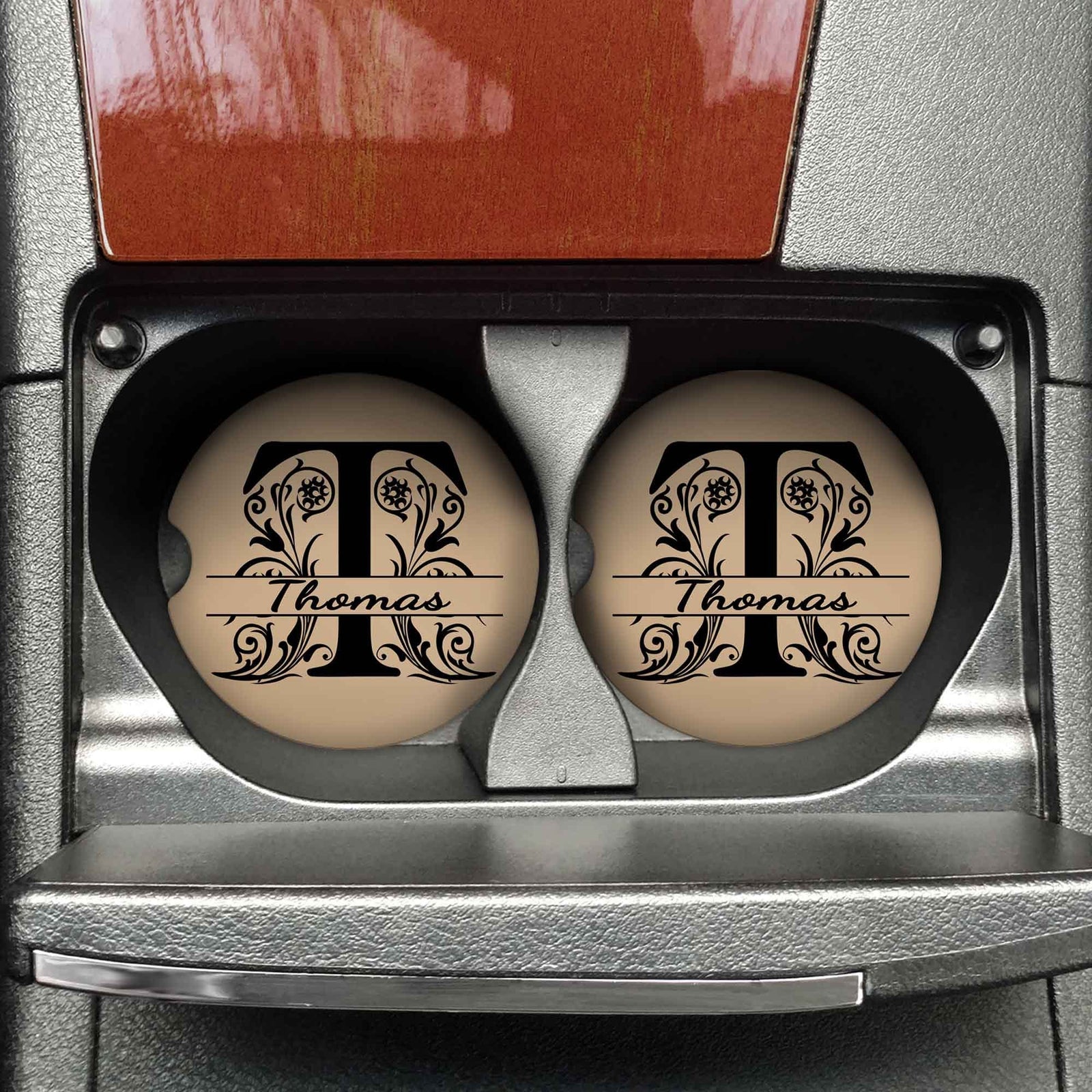 Personalized Car Coasters | Custom Car Accessories | Soft Brown Monogram | Set of 2