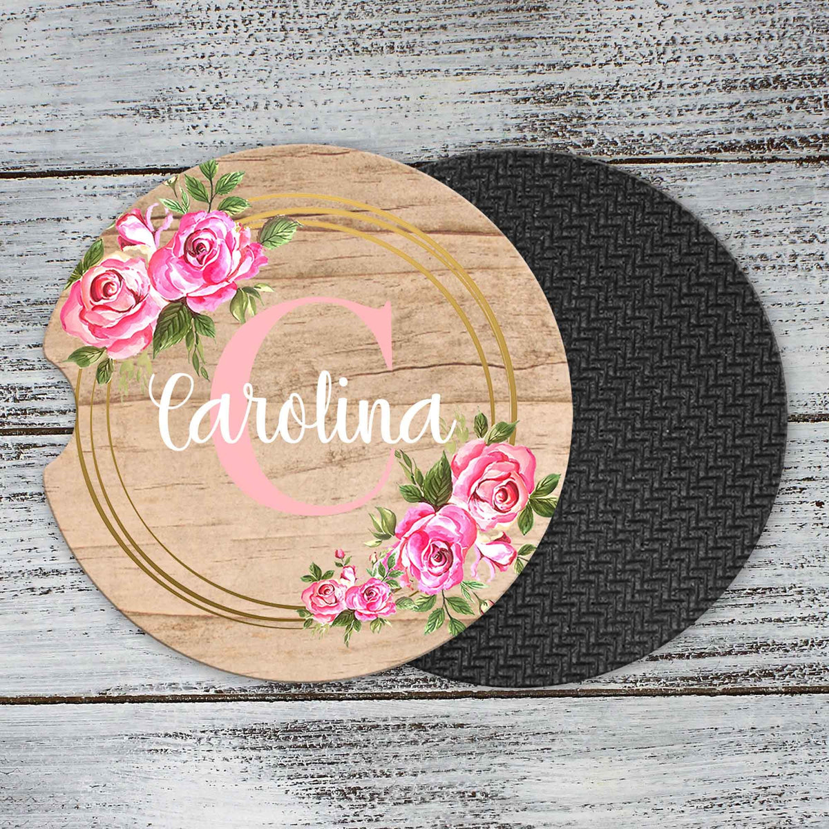 Personalized Car Coasters | Custom Car Accessories | Gold Rose Wreath | Set of 2