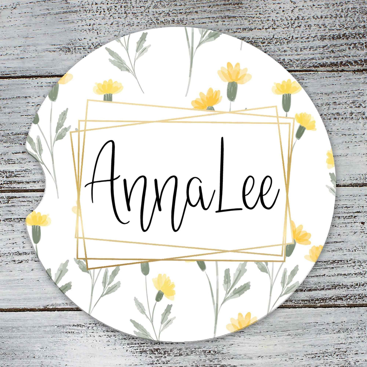Personalized Car Coasters | Custom Car Accessories | Yellow Watercolor Flowers | Set of 2