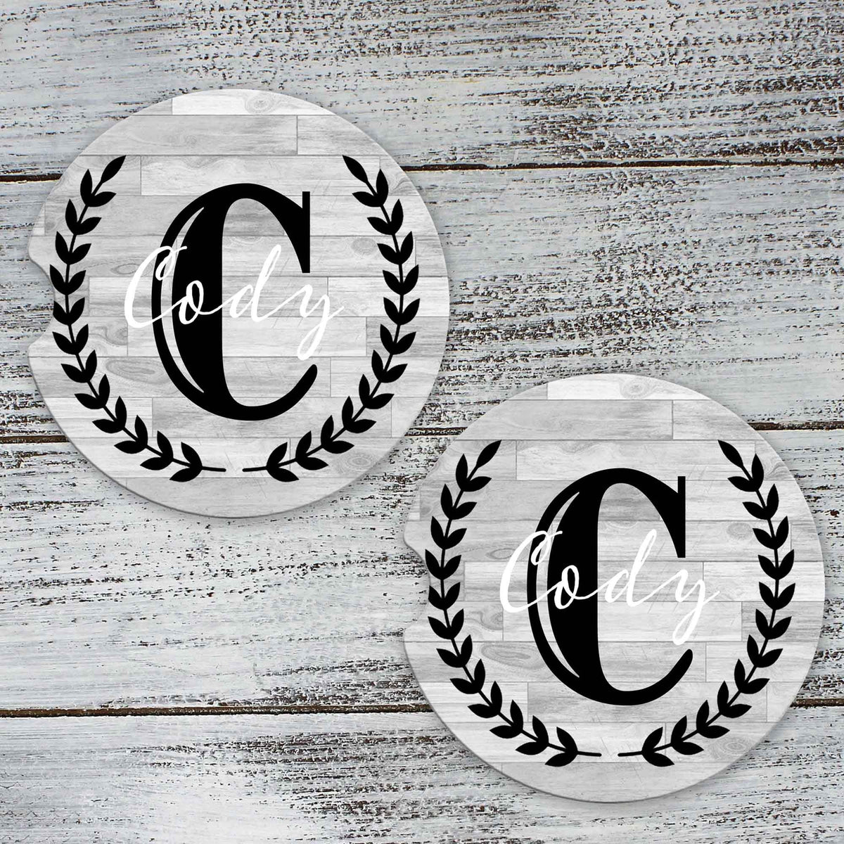 Personalized Car Coasters | Custom Car Accessories | Laurel Wreath LC | Set of 2