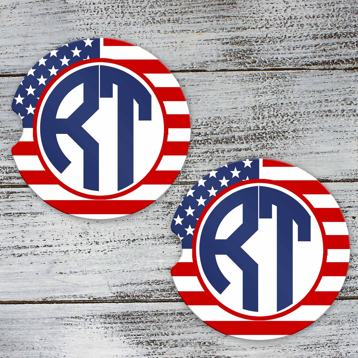 Personalized Car Coasters | Custom Car Accessories | American Flag Monogram | Set of 2