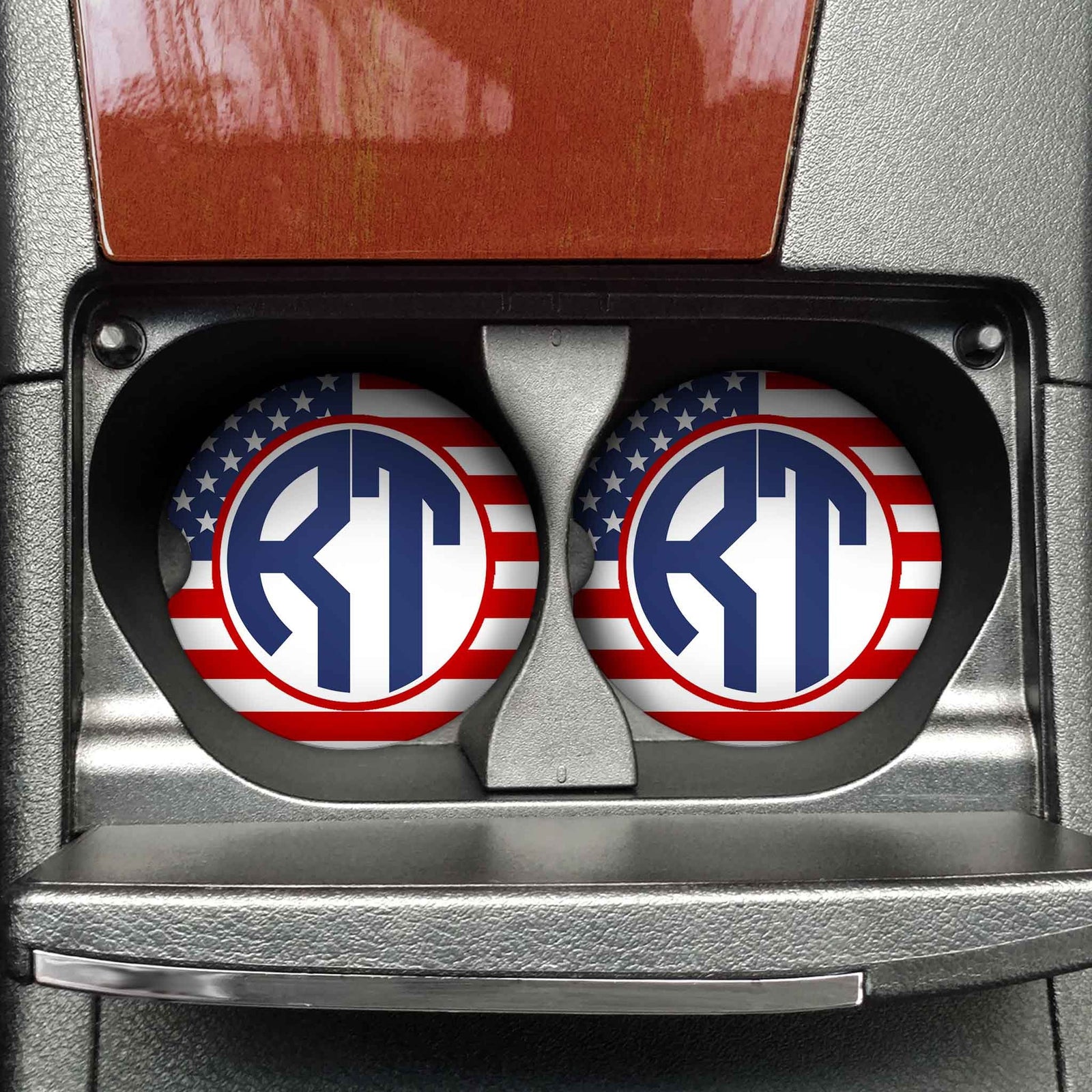 Personalized Car Coasters | Custom Car Accessories | American Flag Monogram | Set of 2