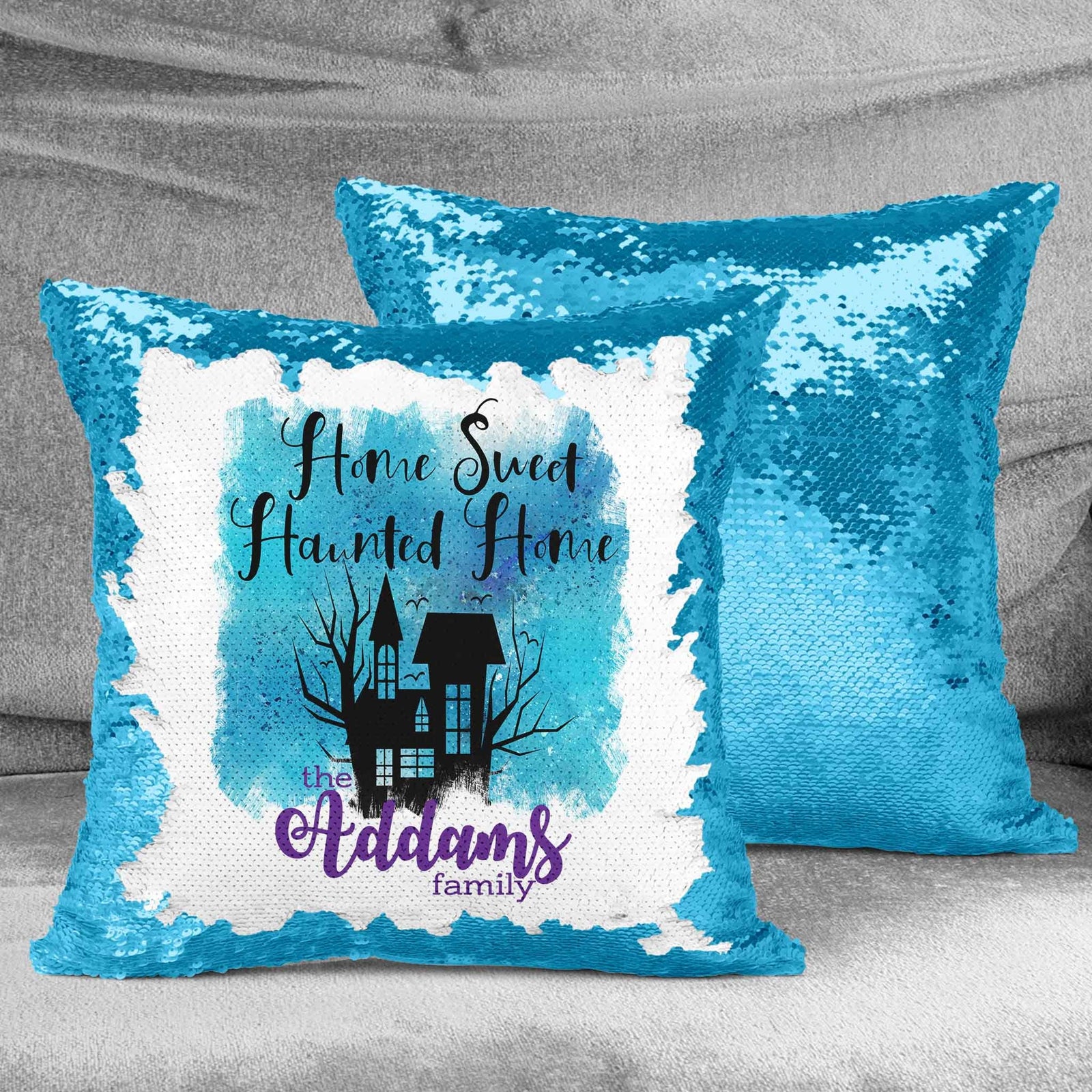 Personalized Sequin Throw Pillow | Custom Sequin Pillow | Home Sweet Haunted Home