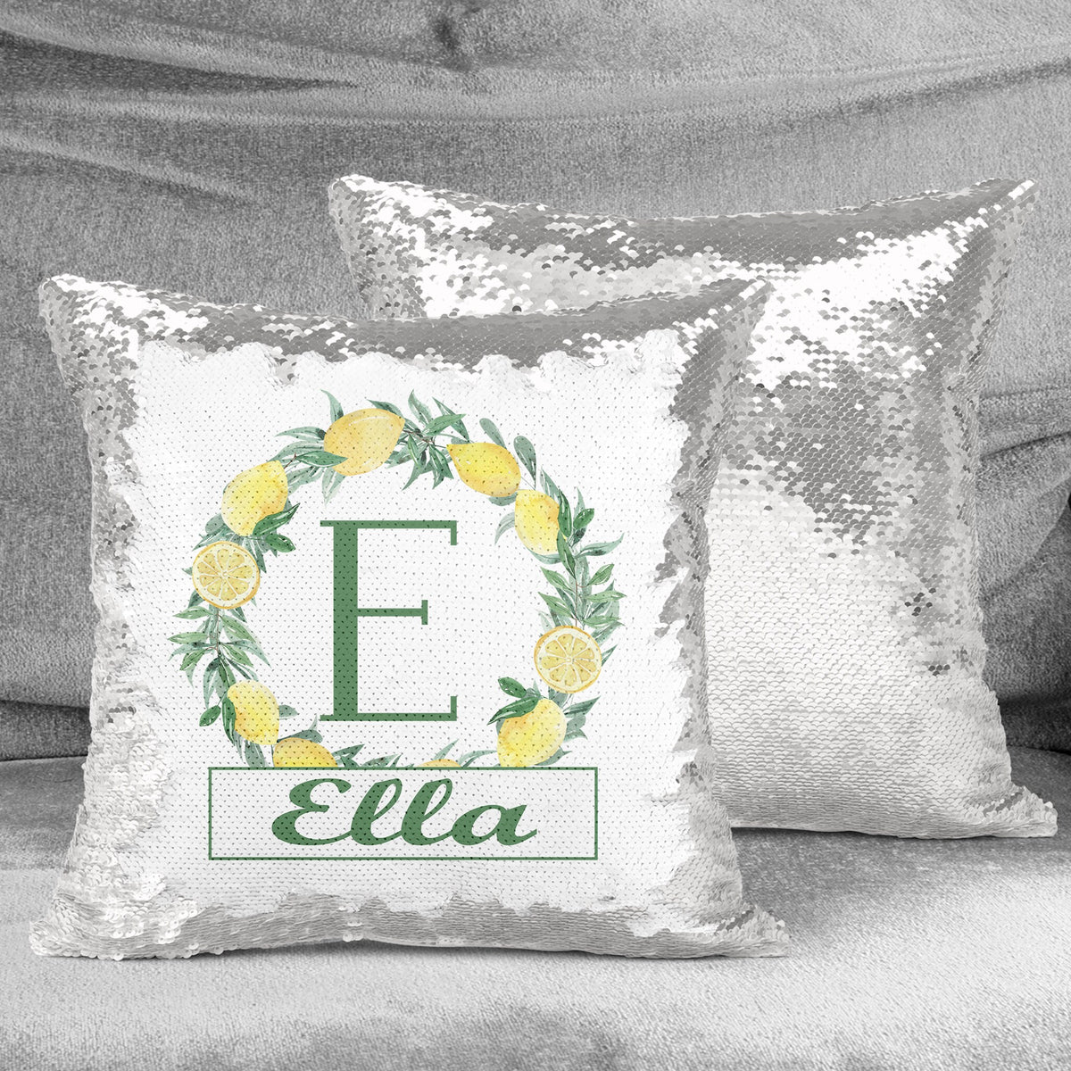Personalized Sequin Throw Pillow | Custom Sequin Pillow | Lemon Wreath Monogram