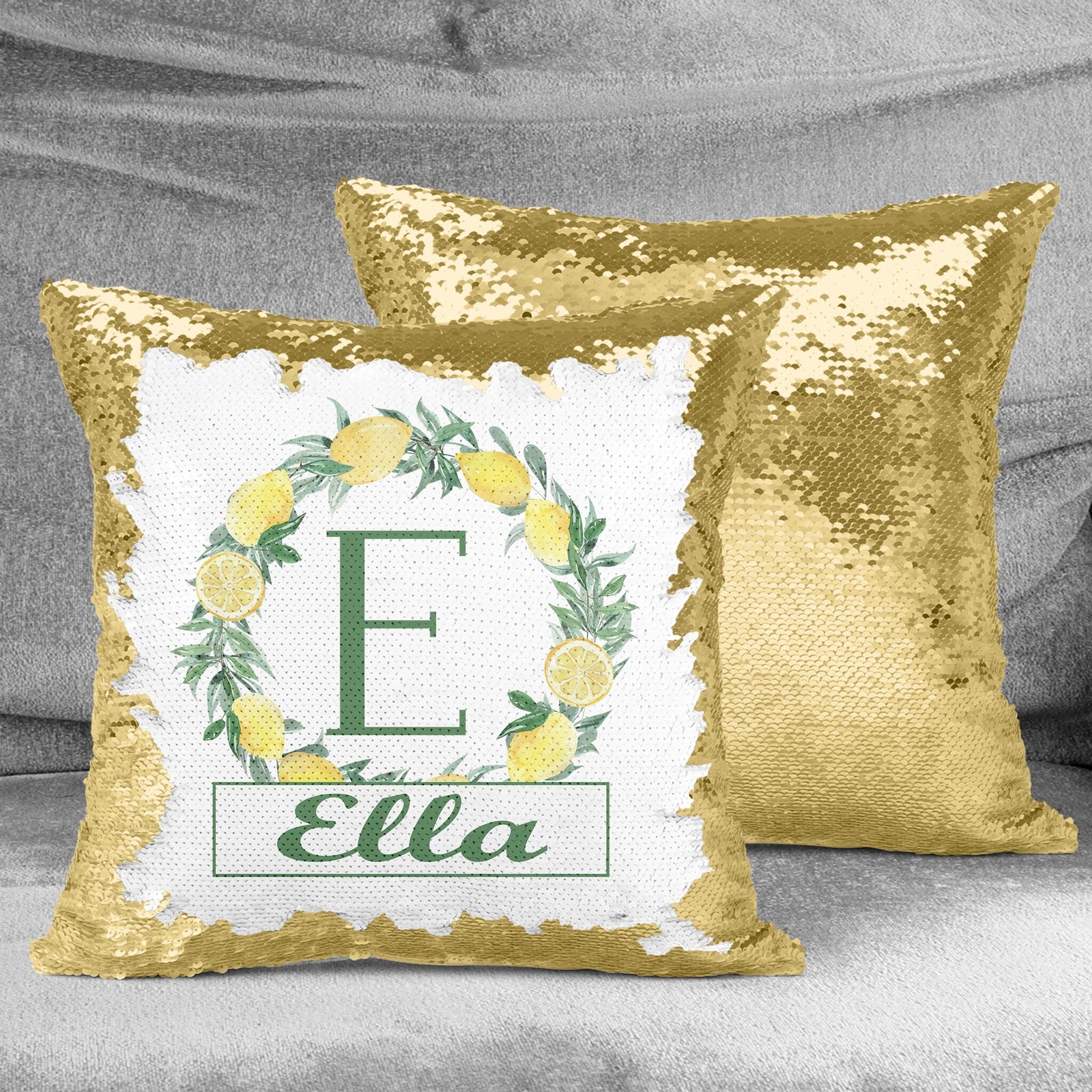 Personalized Sequin Throw Pillow | Custom Sequin Pillow | Lemon Wreath Monogram