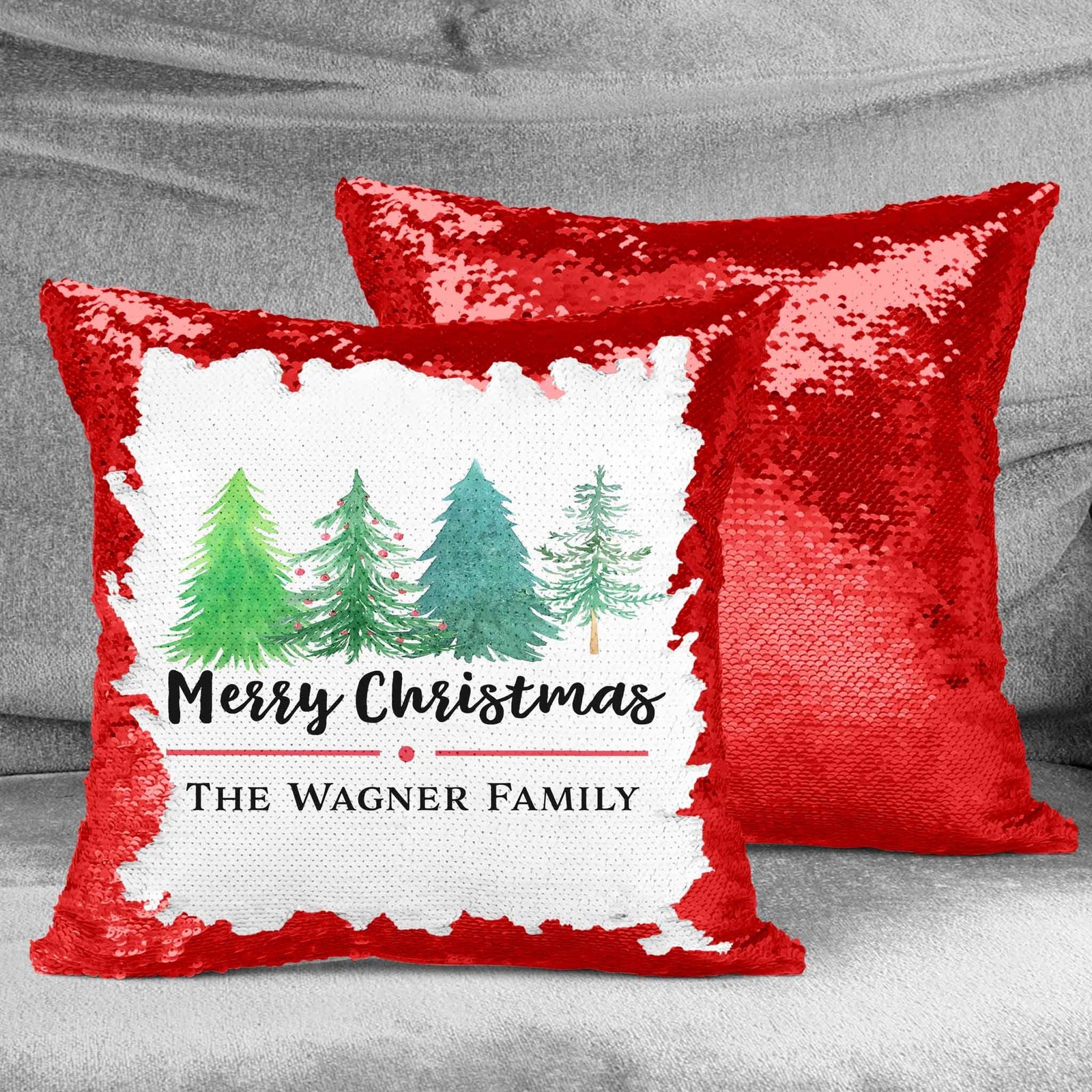 Personalized Sequin Throw Pillow | Custom Sequin Pillow | Merry Christmas Watercolor Trees