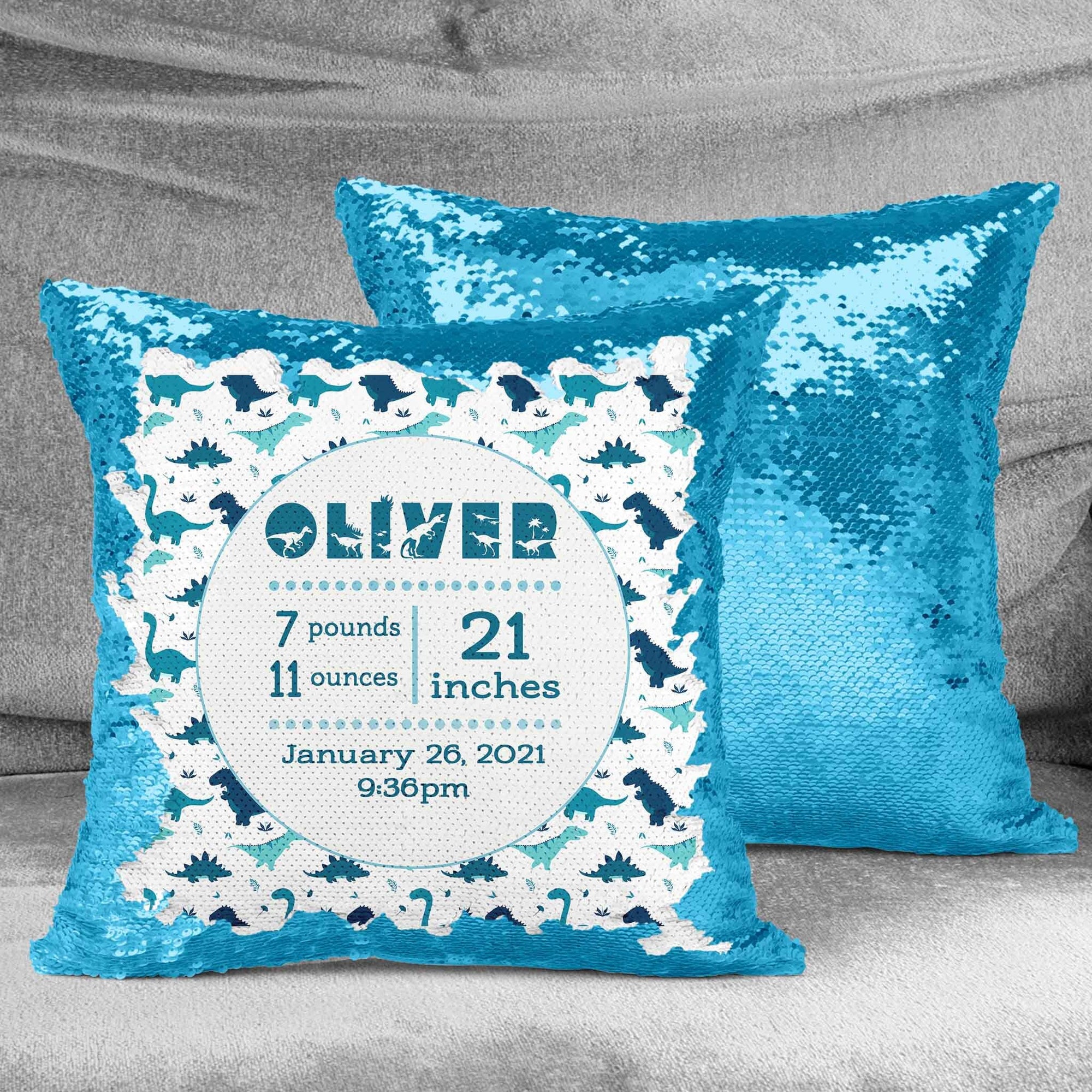 Personalized Sequin Throw Pillow | Custom Sequin Pillow | Dinosaur Baby Stats