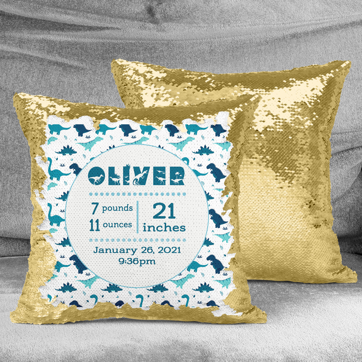 Personalized Sequin Throw Pillow | Custom Sequin Pillow | Dinosaur Baby Stats