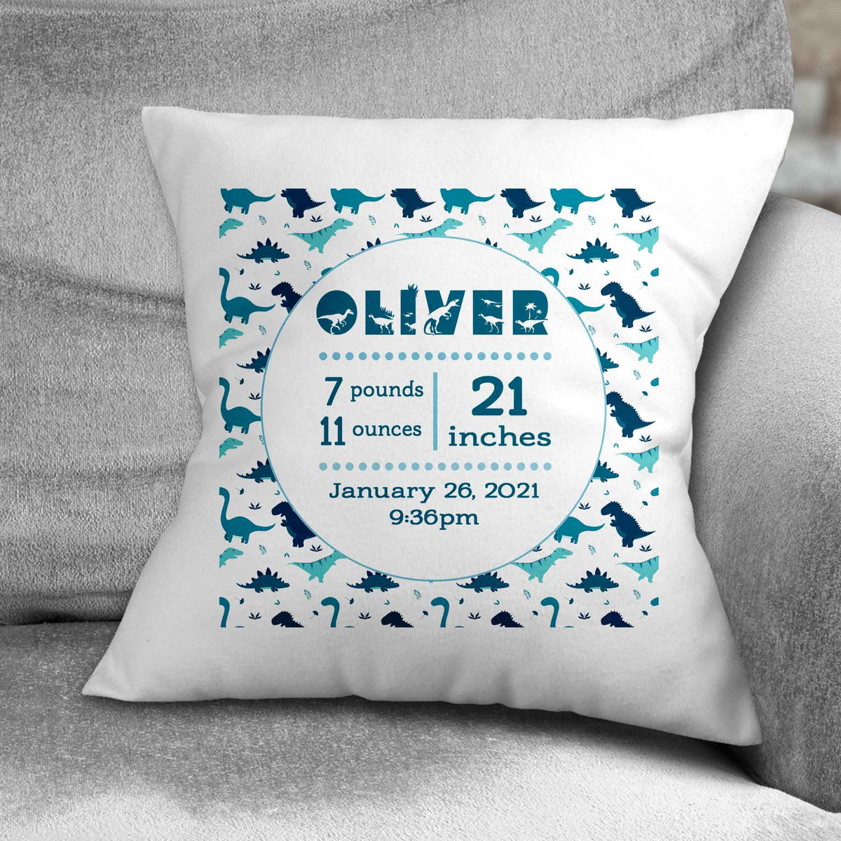 Personalized Throw Pillow | Custom Decorative Pillow | Dinosaur Baby Stats