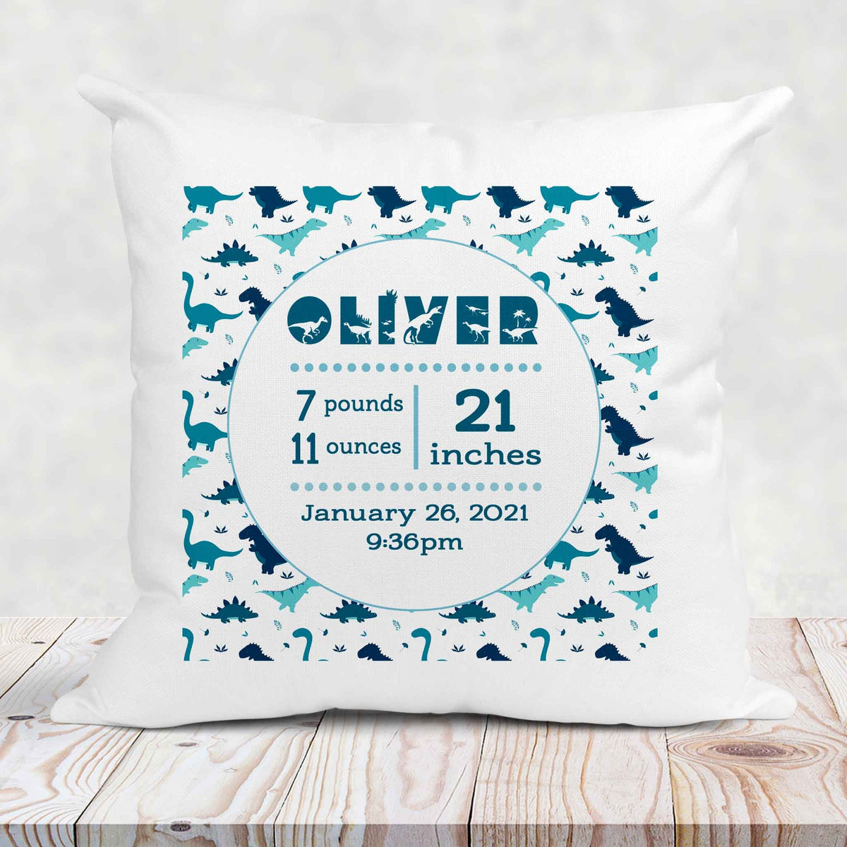 Personalized Throw Pillow | Custom Decorative Pillow | Dinosaur Baby Stats