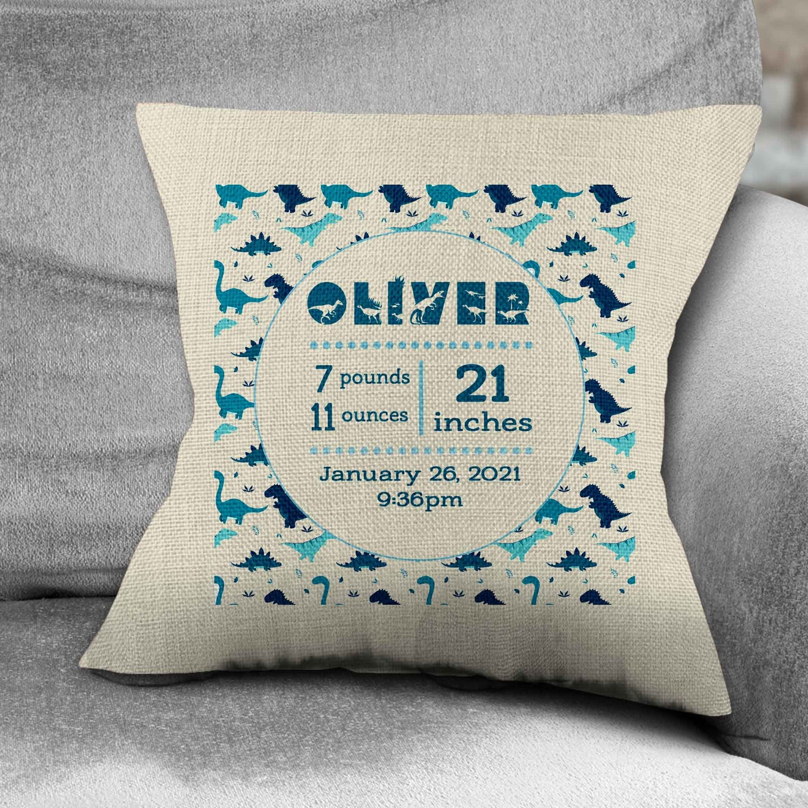 Personalized Throw Pillow | Custom Decorative Pillow | Dinosaur Baby Stats