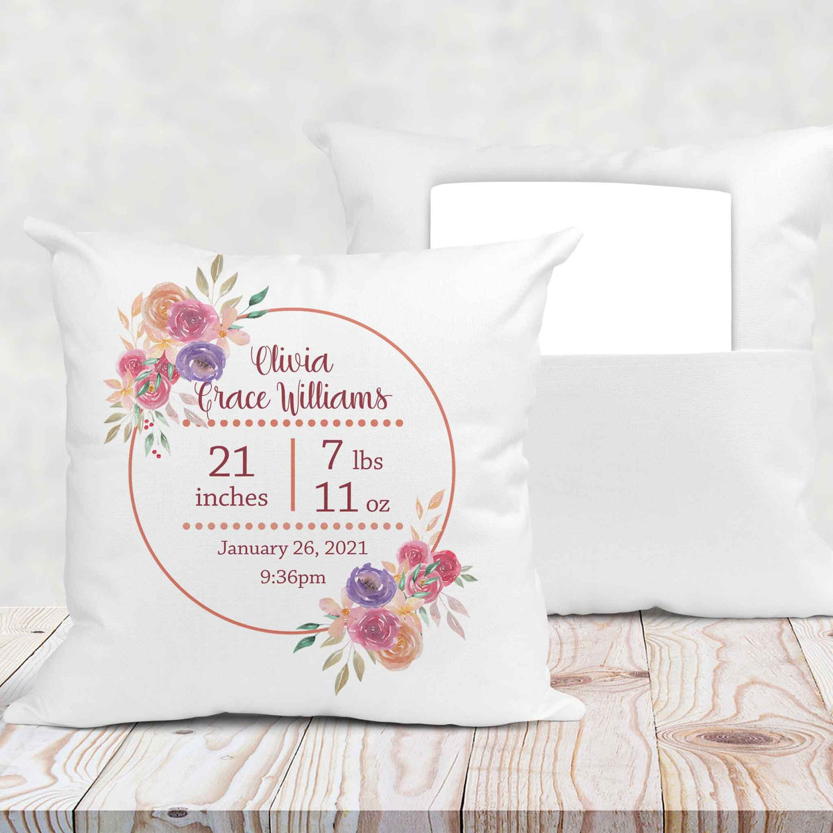 Personalized Throw Pillow | Custom Decorative Pillow | Pink Floral Baby Stats
