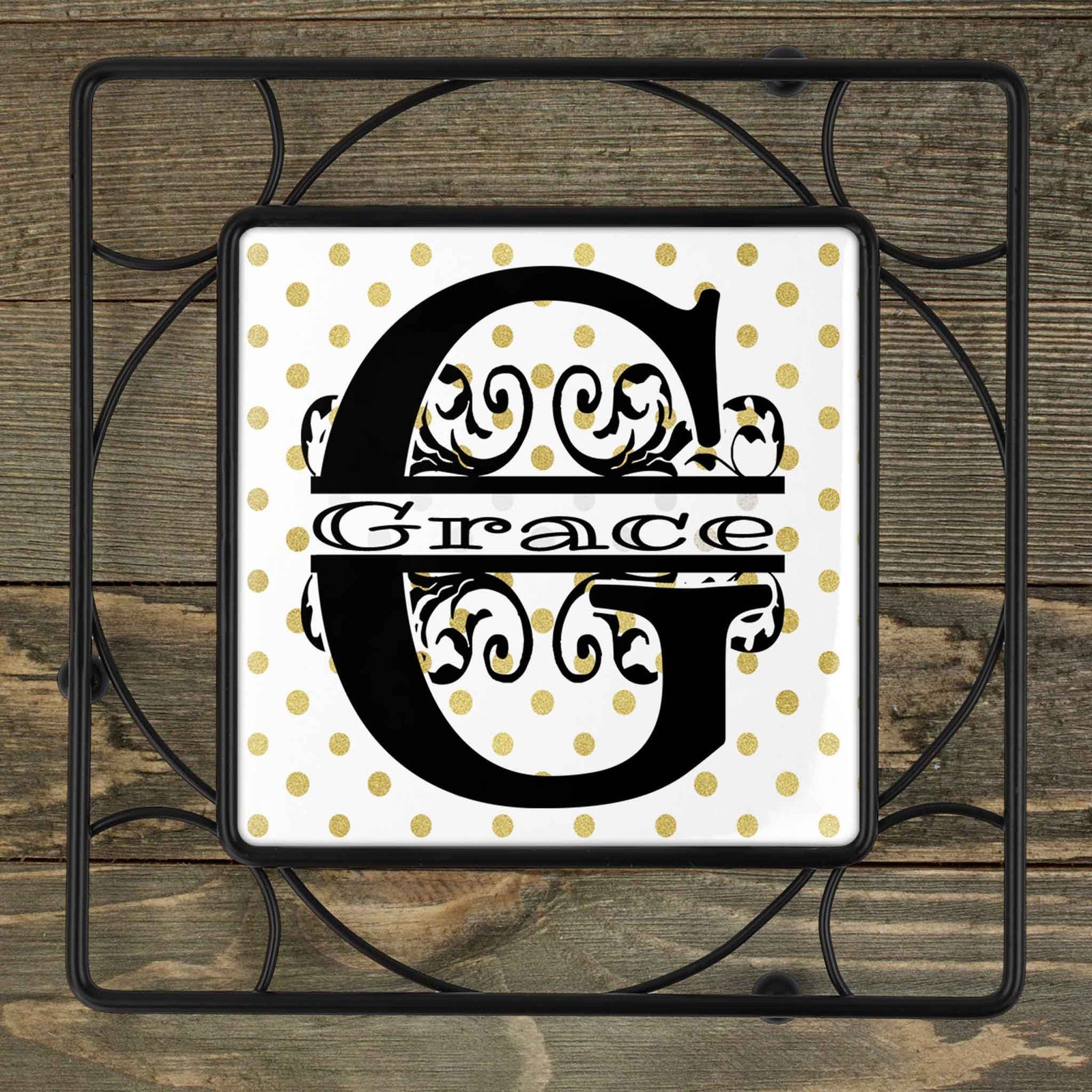 Personalized Iron Trivet | Custom Kitchen Gifts | Gold Polka Dots