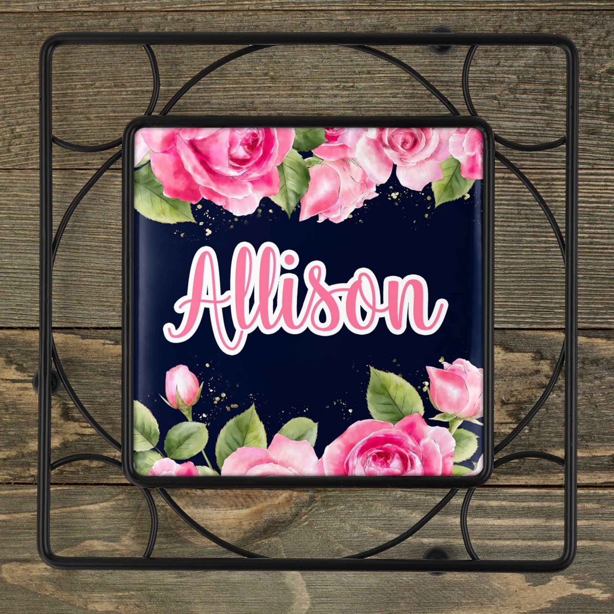 Personalized Iron Trivet | Custom Kitchen Gifts | Rose Border