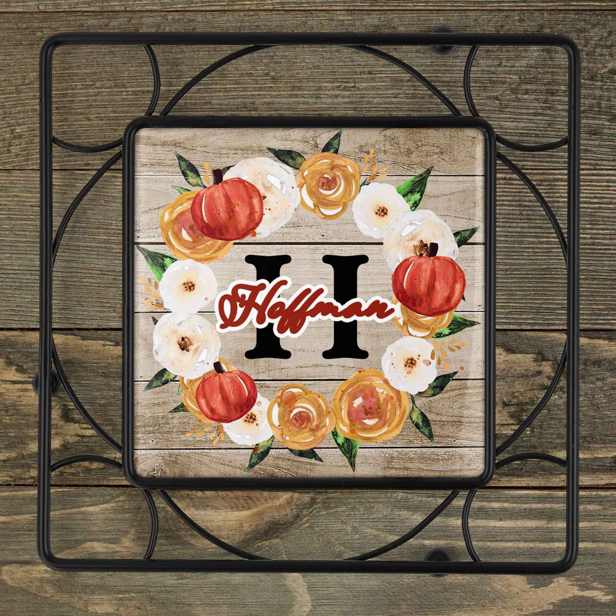Personalized Iron Trivet | Custom Kitchen Gifts | Fall Watercolor Wreath