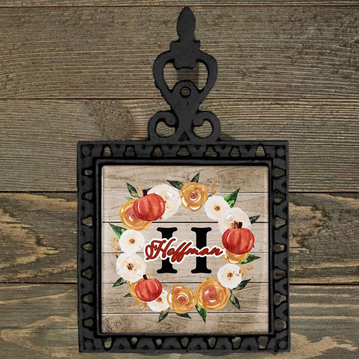 Personalized Iron Trivet | Custom Kitchen Gifts | Fall Watercolor Wreath