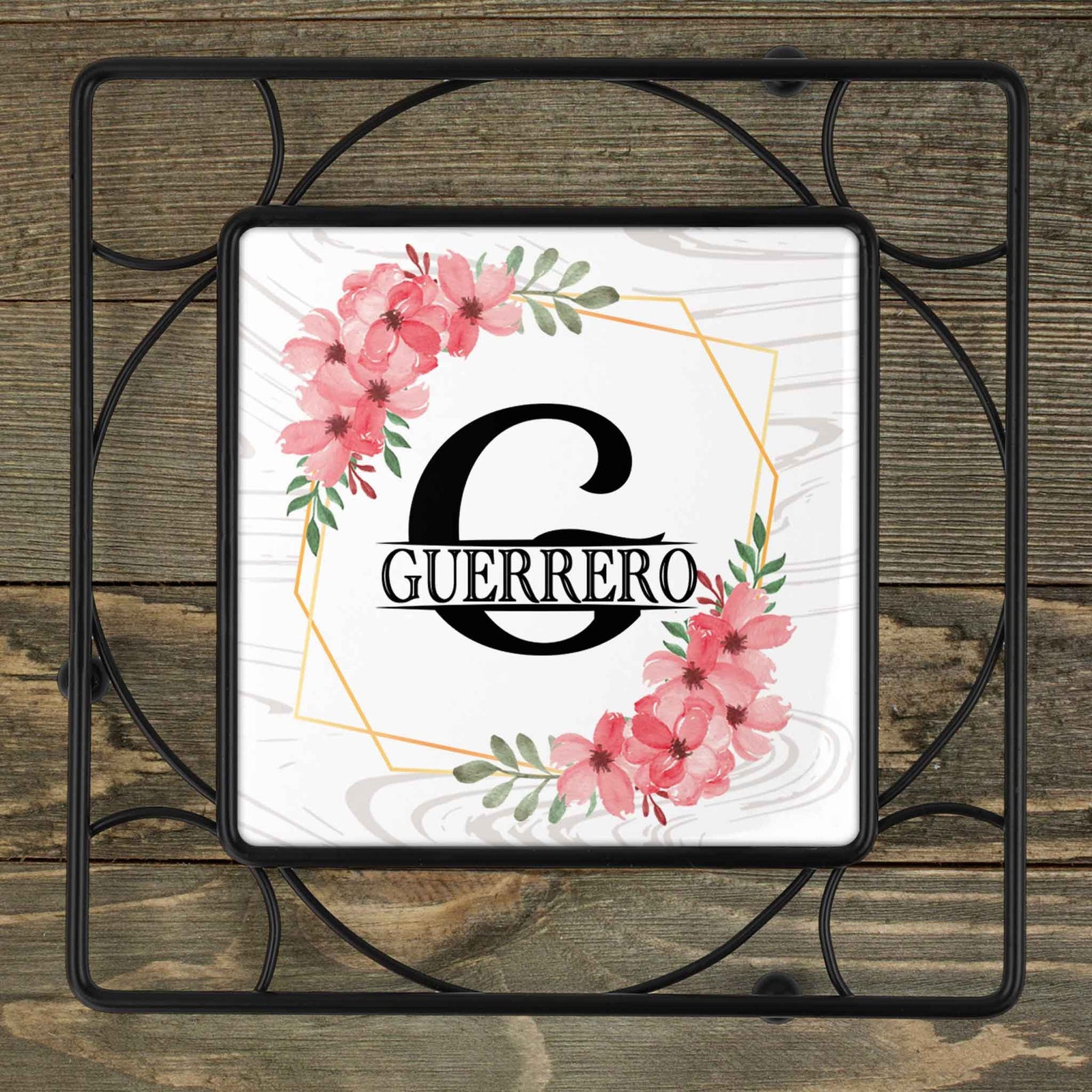 Personalized Iron Trivet | Custom Kitchen Gifts | Cherry Blossom Wreath