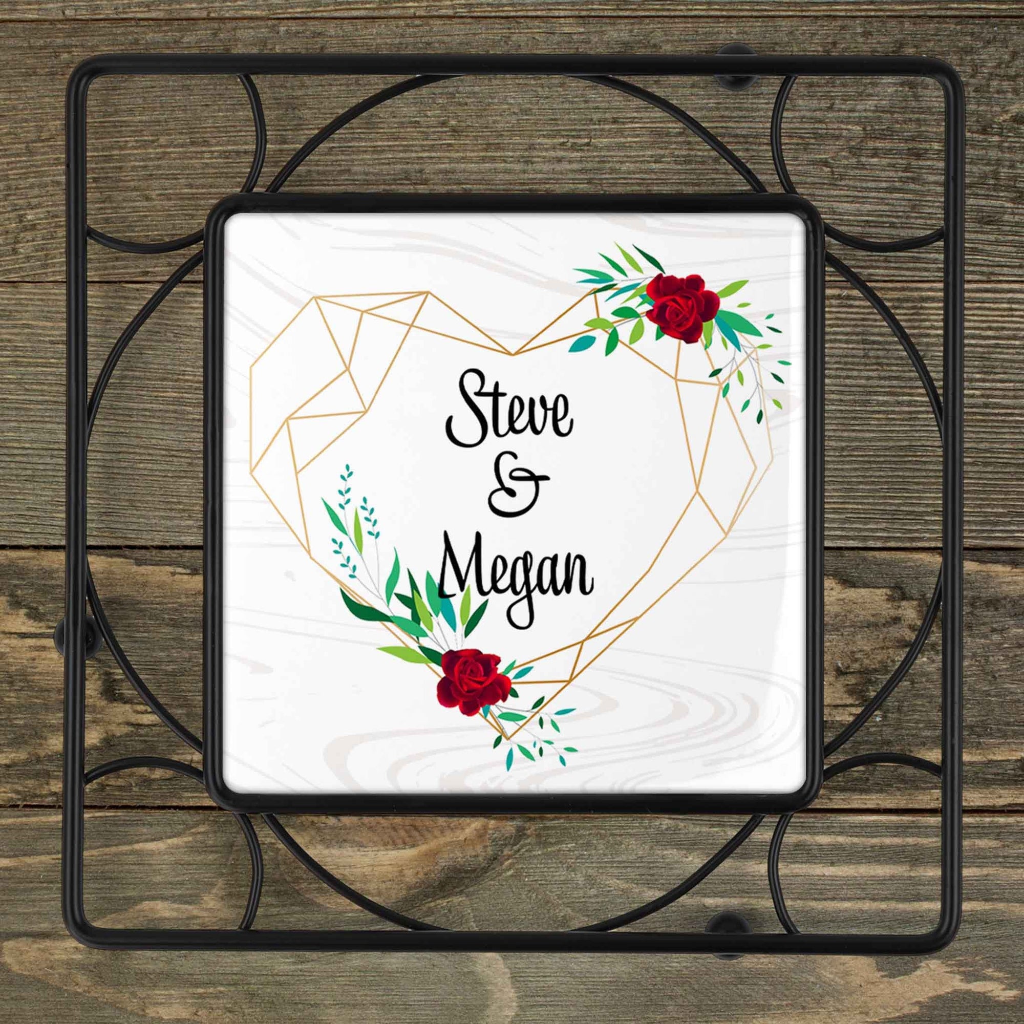 Personalized Iron Trivet | Custom Kitchen Gifts | Red Floral Heart Frame