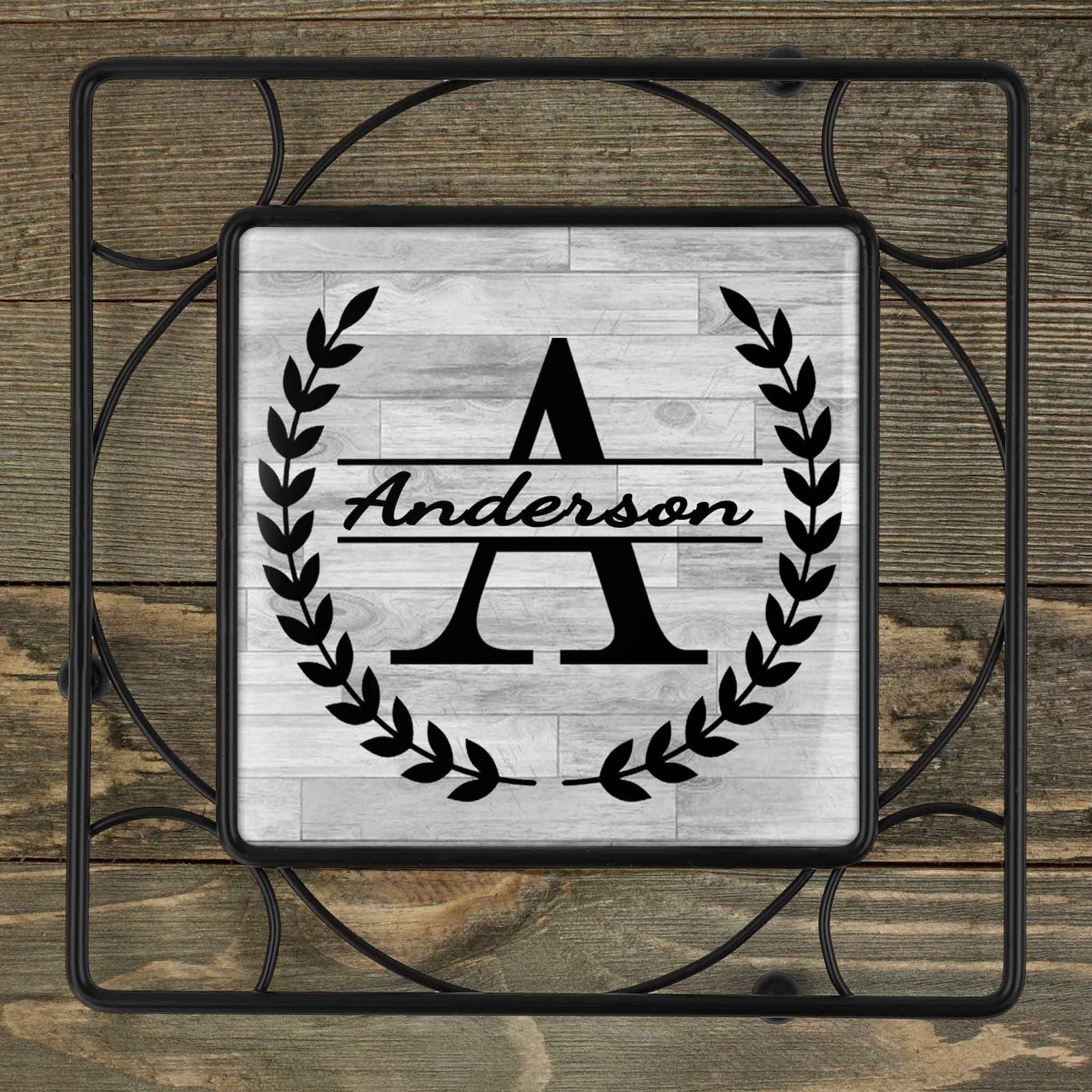 Personalized Iron Trivet | Custom Kitchen Gifts | Laurel Wreath Split Monogram
