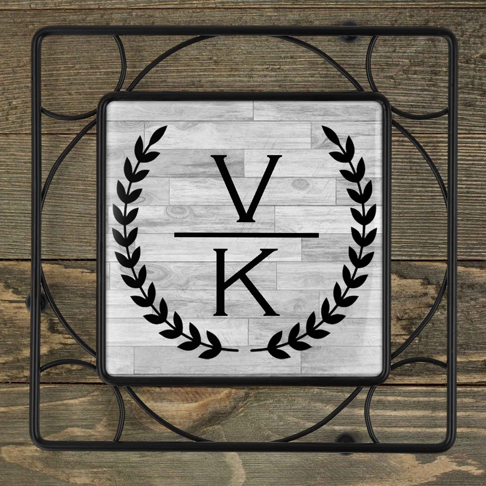 Personalized Iron Trivet | Custom Kitchen Gifts | Laurel Wreath Stacked Initials