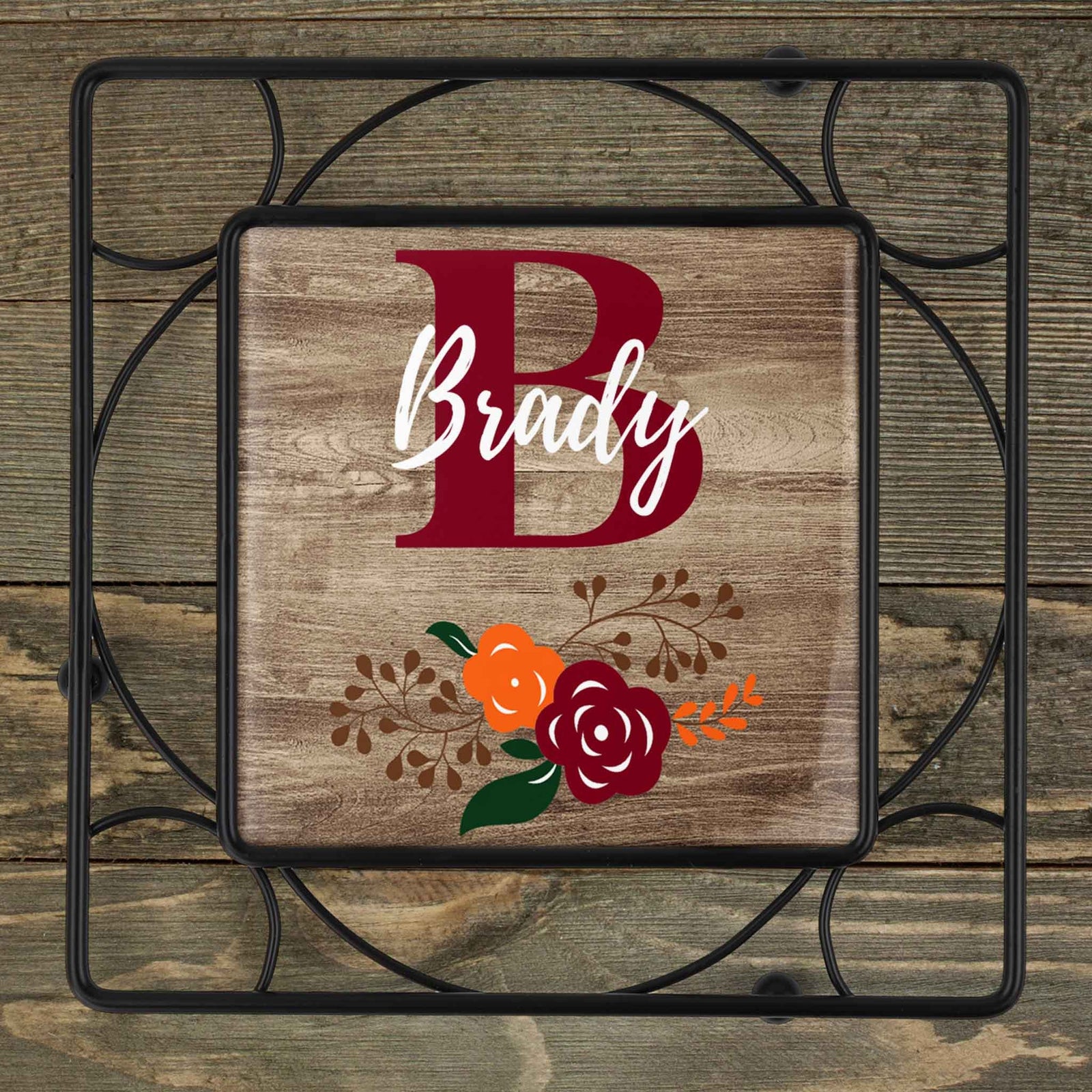Personalized Iron Trivet | Custom Kitchen Gifts | Faux Wood Burgundy