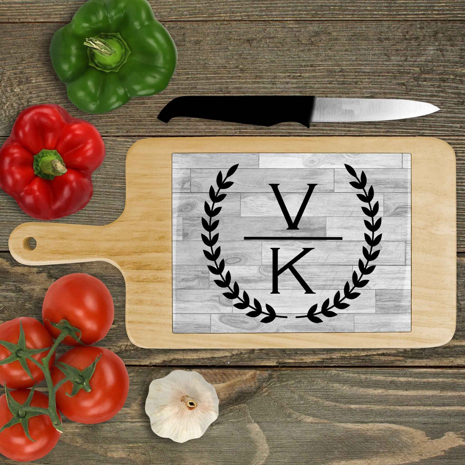 Personalized Wood Cheeseboard | Custom Wine Accessories | Laurel Wreath Stacked Initials