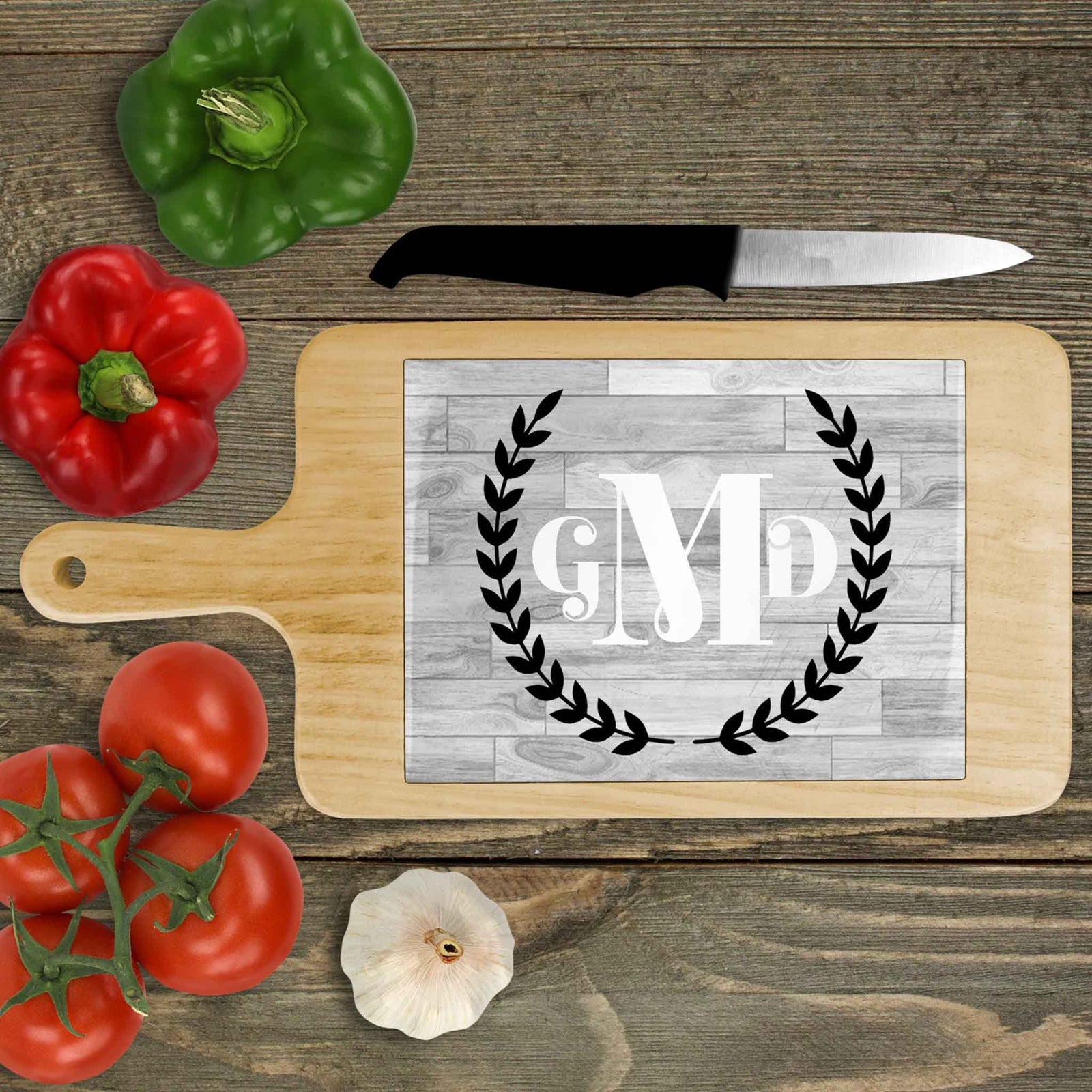 Personalized Wood Cheeseboard | Custom Wine Accessories | Laurel Wreath Monogram