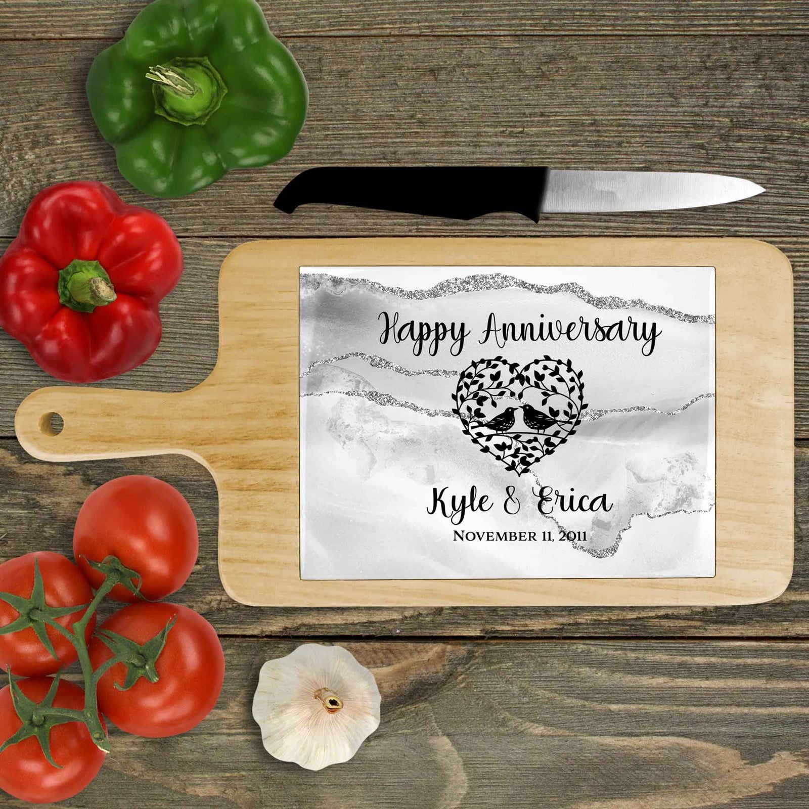 Personalized Wood Cheeseboard | Custom Wine Accessories | Happy Anniversary Silver Agate