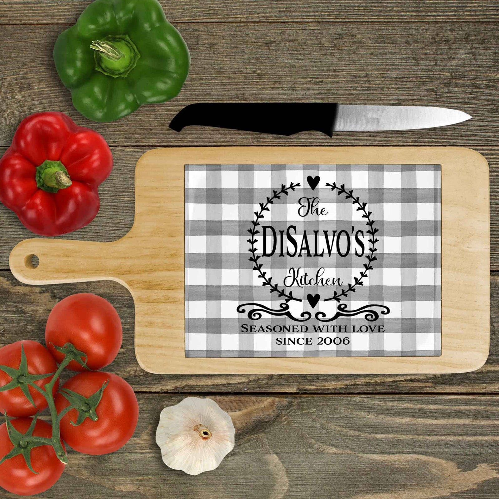 Personalized Wood Cheeseboard | Custom Wine Accessories | Seasoned with Love Black and White