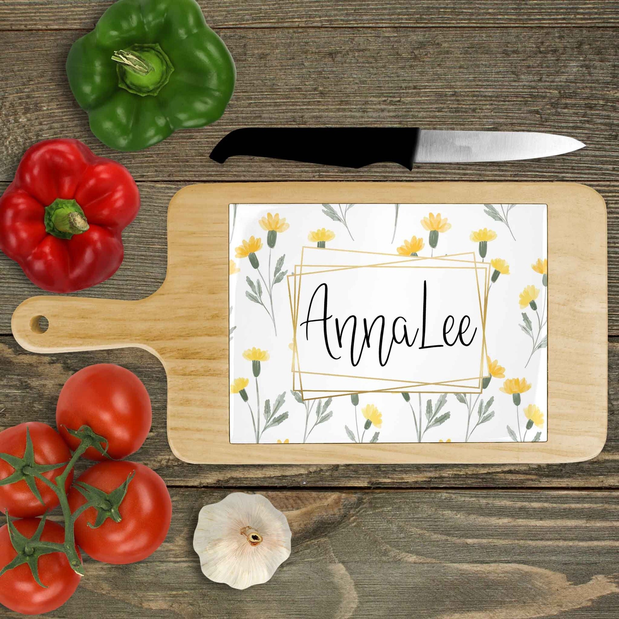 Personalized Wood Cheeseboard | Custom Wine Accessories | Yellow Watercolor Flowers