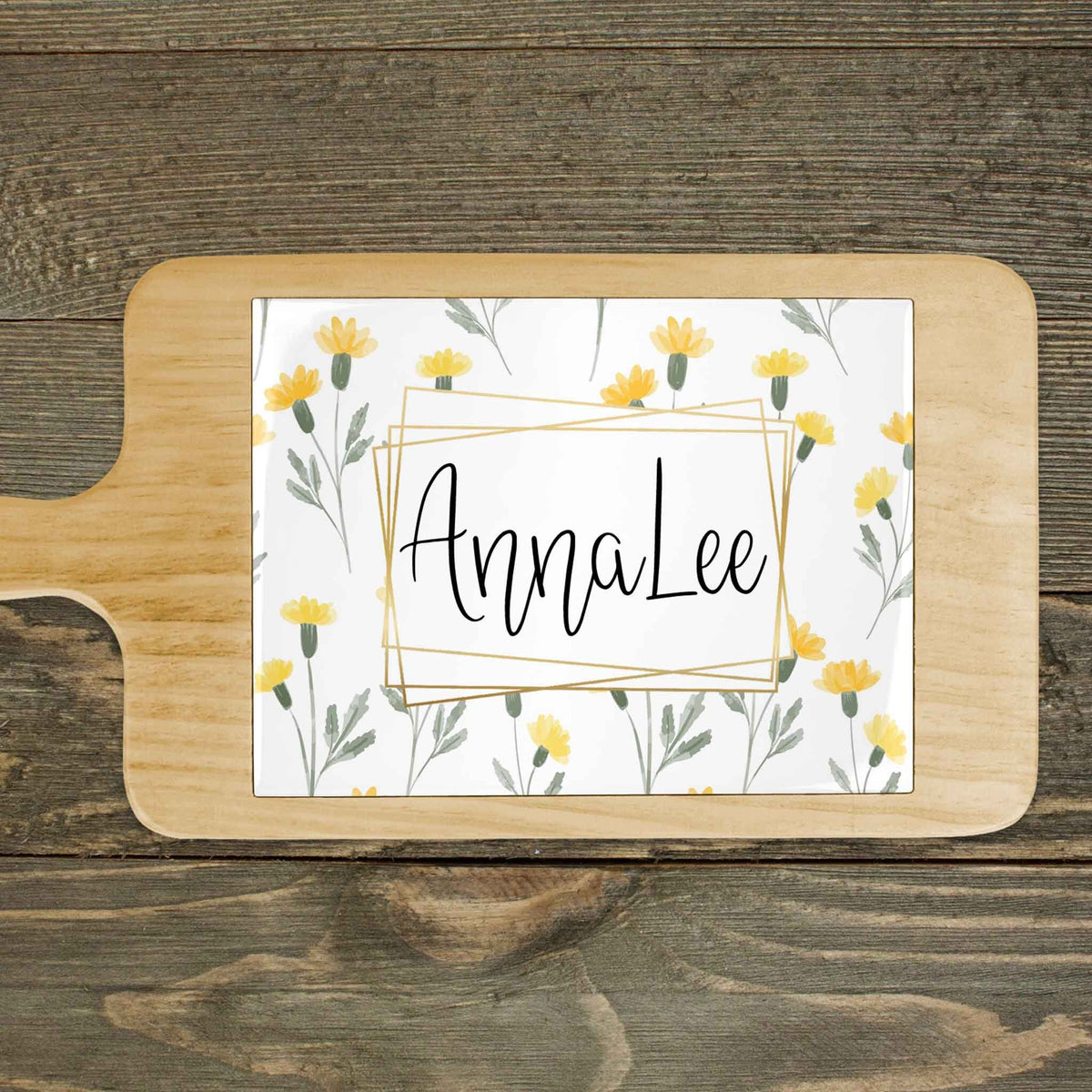 Personalized Wood Cheeseboard | Custom Wine Accessories | Yellow Watercolor Flowers