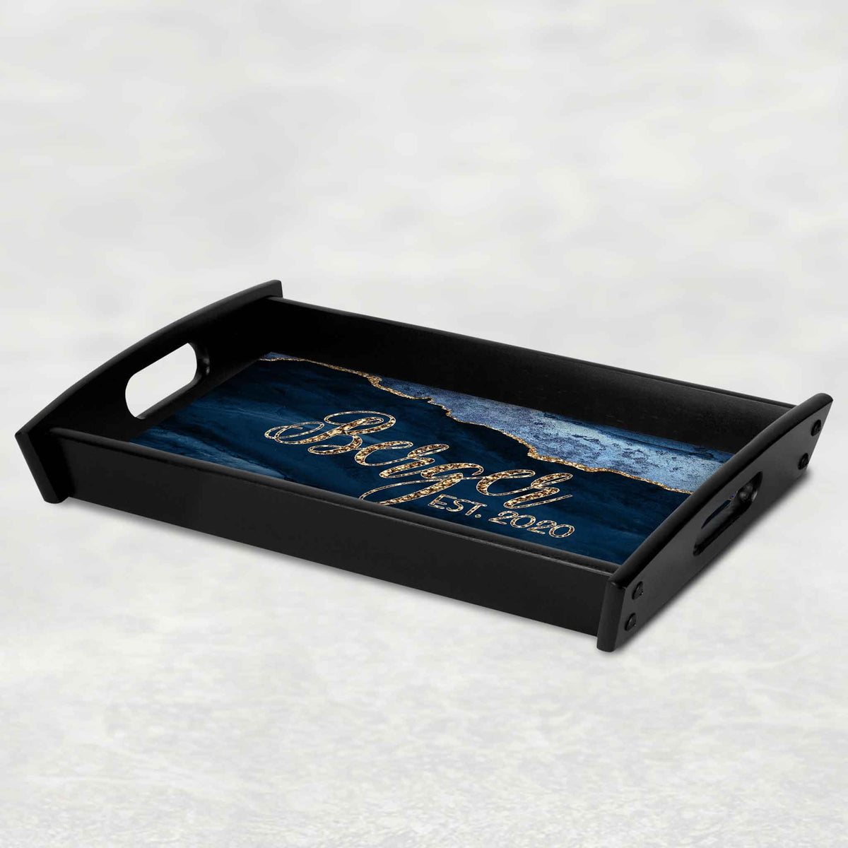 Custom Wood Serving Tray | Persoanlized Kitchen Accessories | Navy and Gold Agate