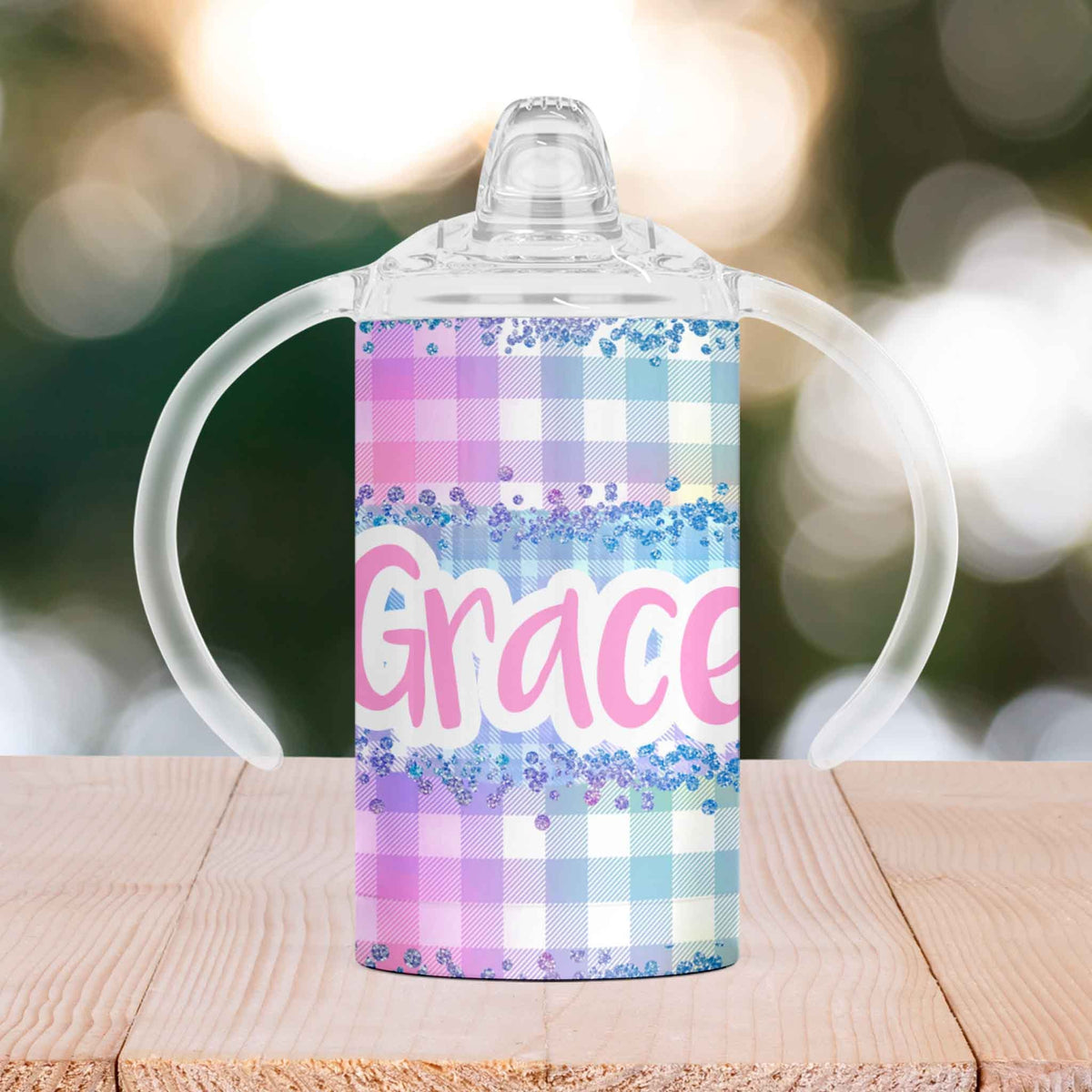 Custom Sippy Cup | Personalized Toddler Cup | Baby Gifts | Pink Plaid Blue Glitter