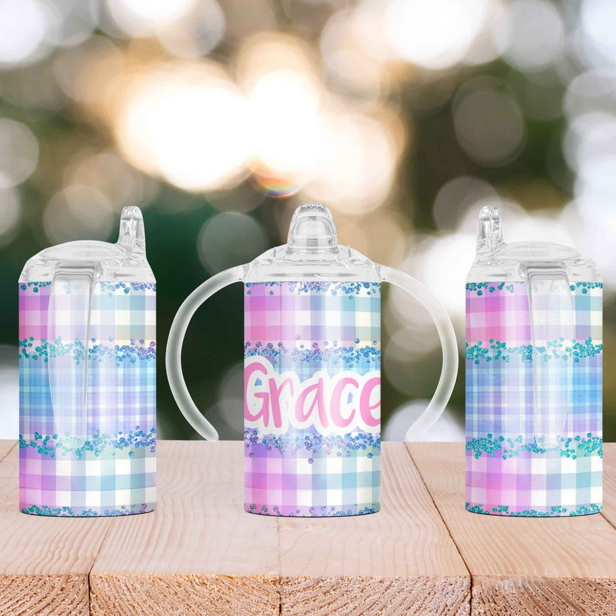 Custom Sippy Cup | Personalized Toddler Cup | Baby Gifts | Pink Plaid Blue Glitter