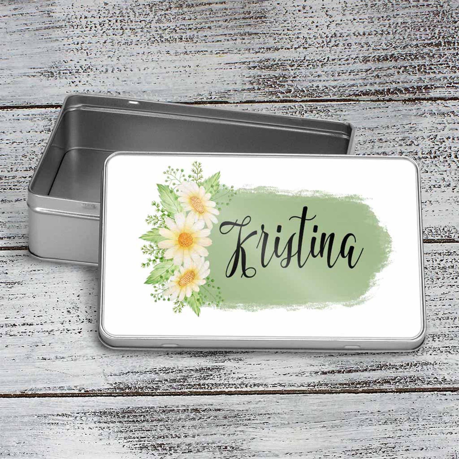 Custom Aluminum Tin | Photo Storage Box | Puzzle Tin | White Daisies