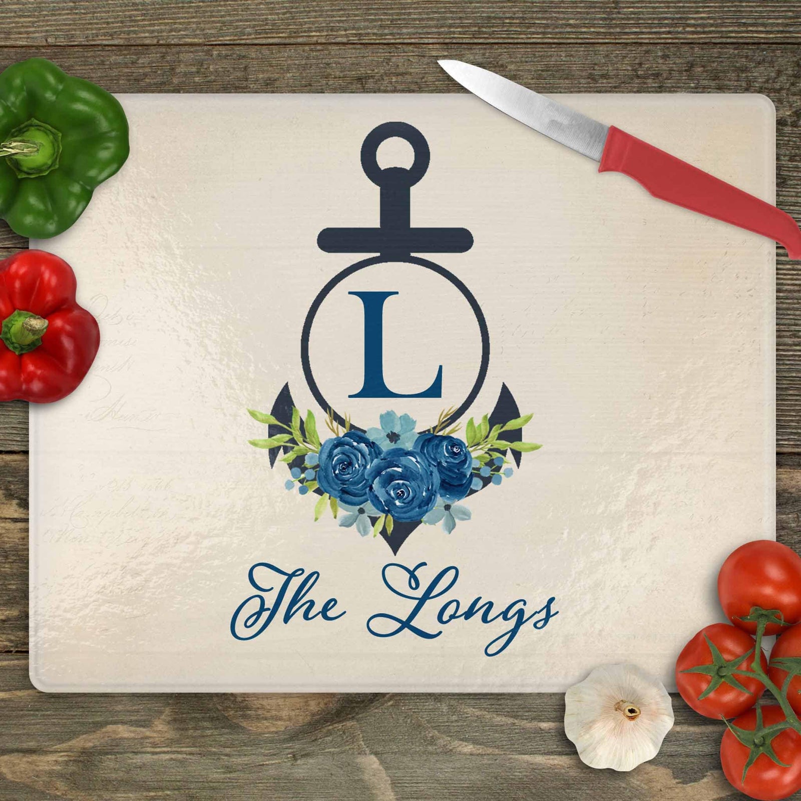 Personalized Cutting Board | Custom Glass Cutting Board | Anchor with Navy Roses