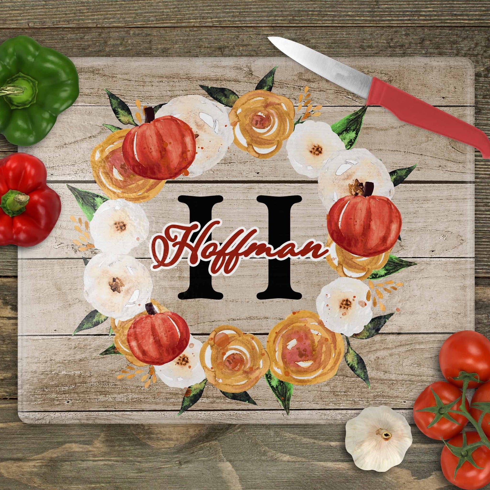 Personalized Cutting Board | Custom Glass Cutting Board | Fall Watercolor Wreath