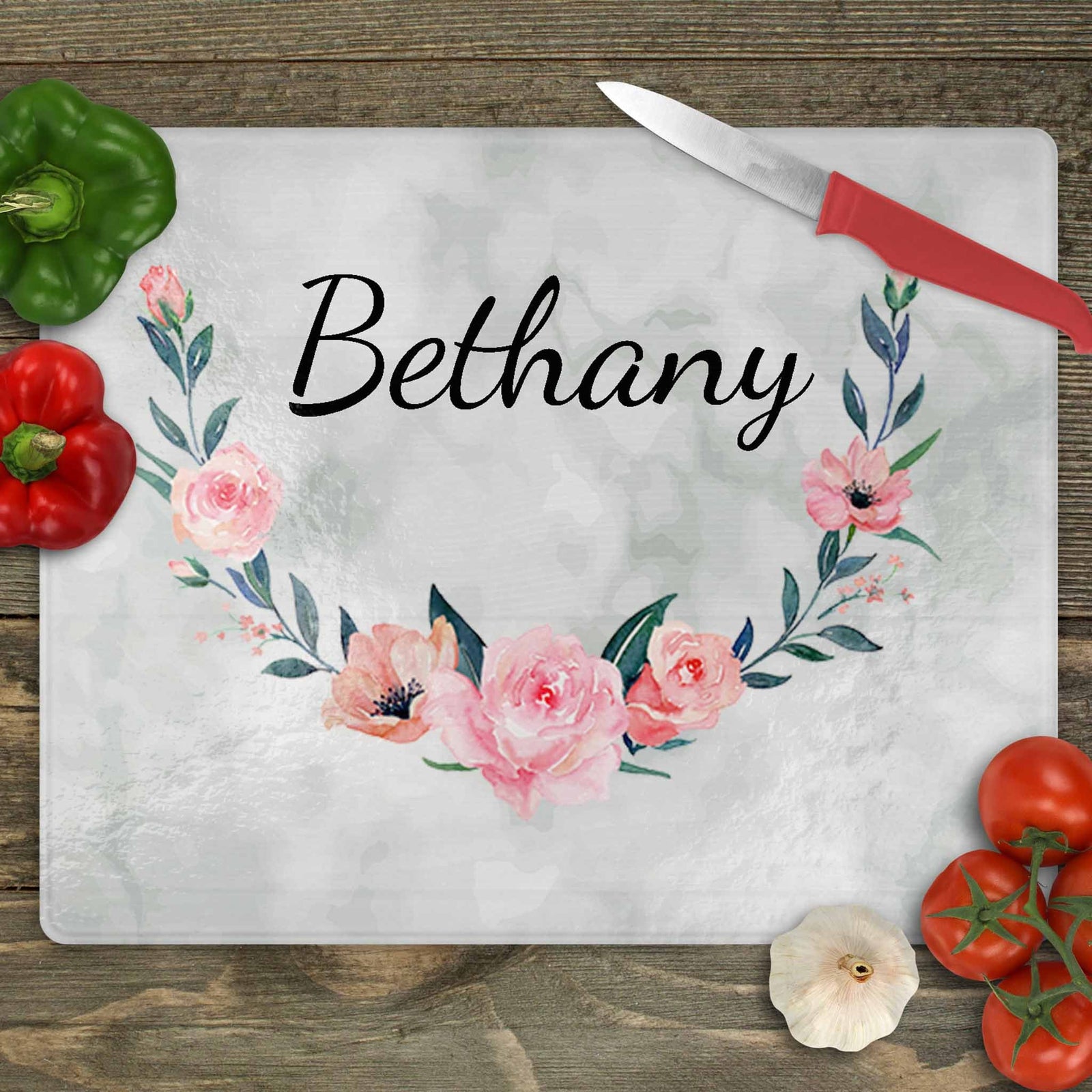 Personalized Cutting Board | Custom Glass Cutting Board | Blush Pink Bloom