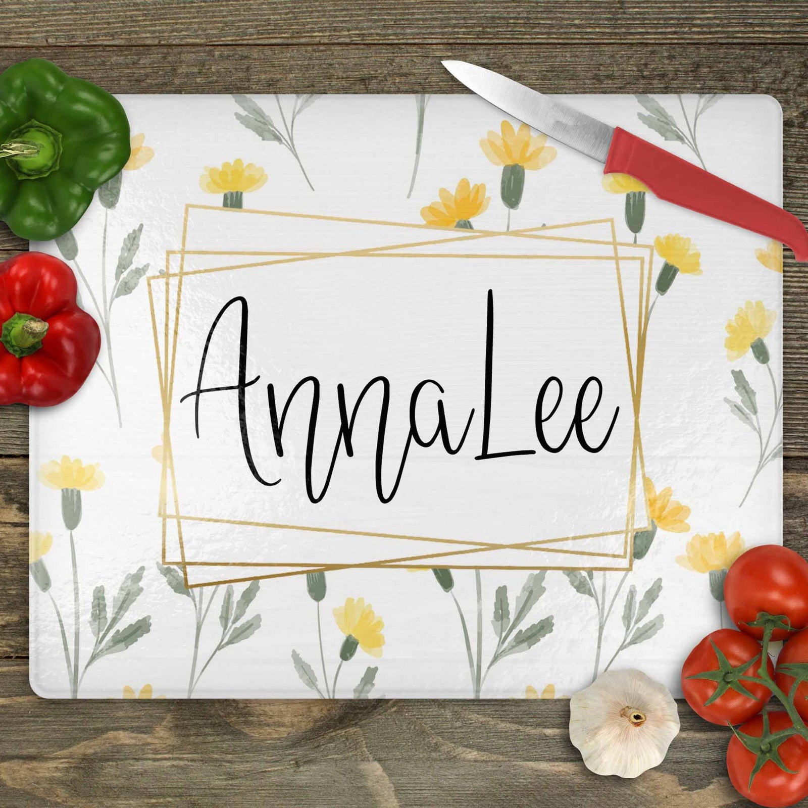 Personalized Cutting Board | Custom Glass Cutting Board | Yellow Watercolor Flowers