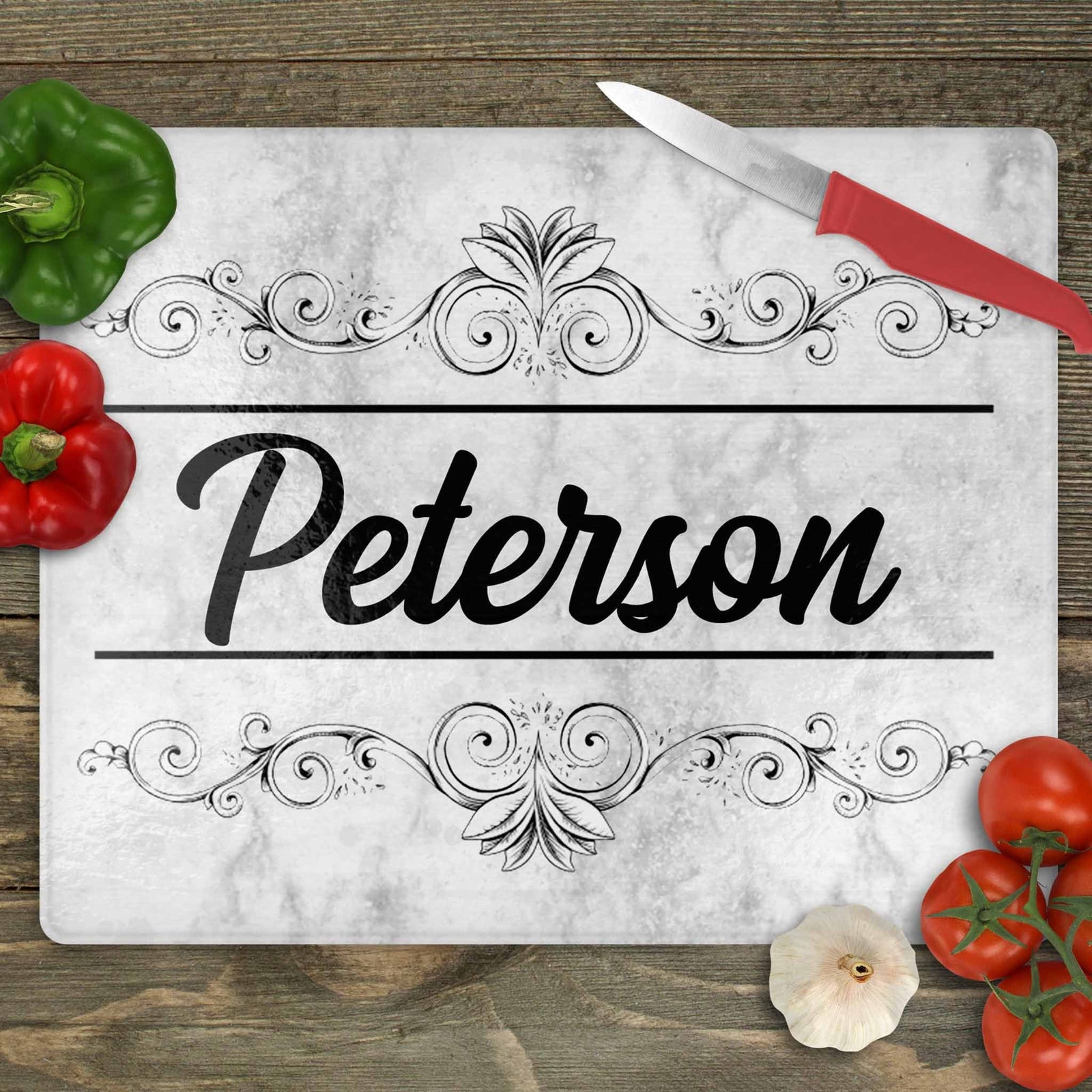 Personalized Cutting Board | Custom Glass Cutting Board | Marble Black & White Filgree