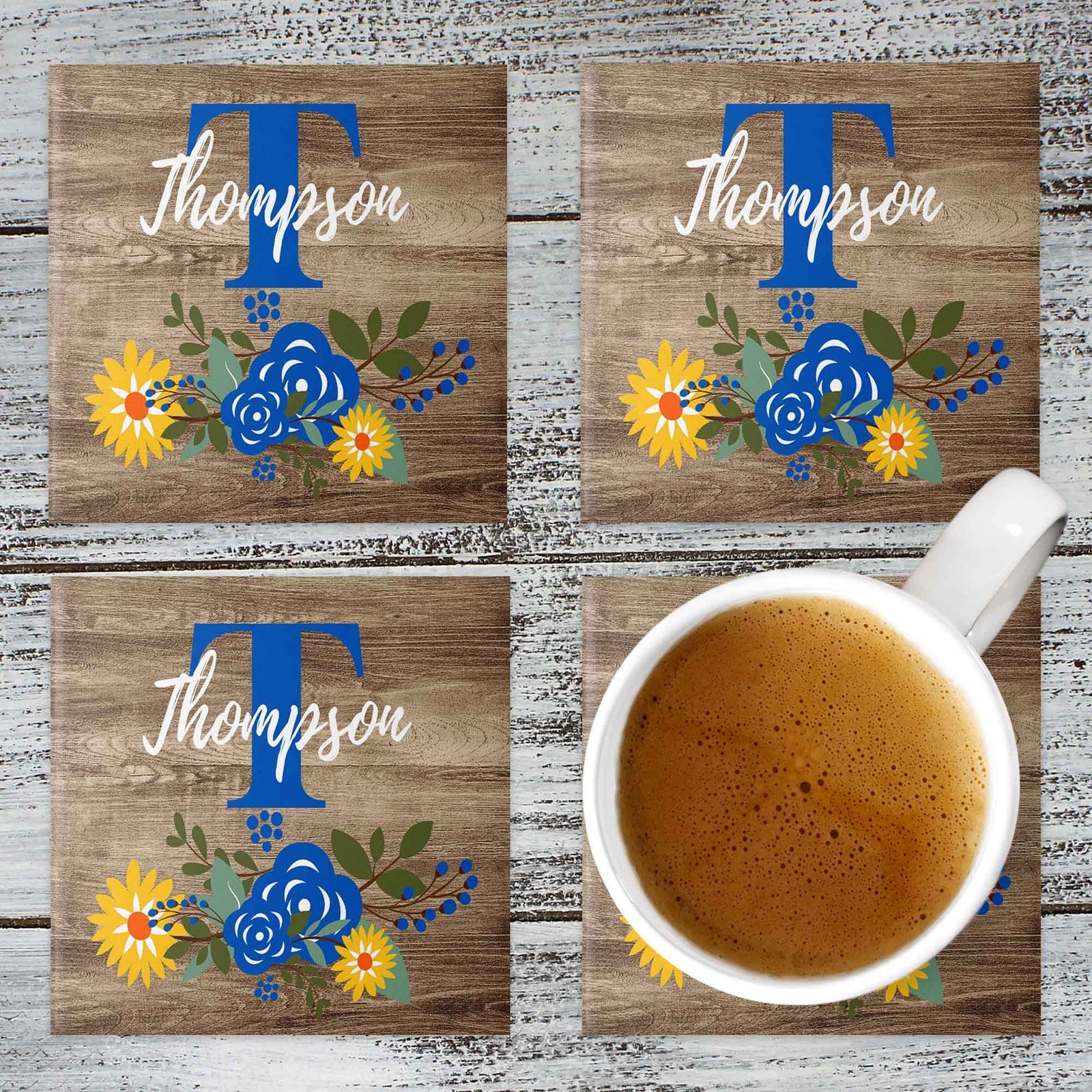 Personalized Coasters | Custom Stone Coaster Set | Faux Wood Sunflower | Set of 4
